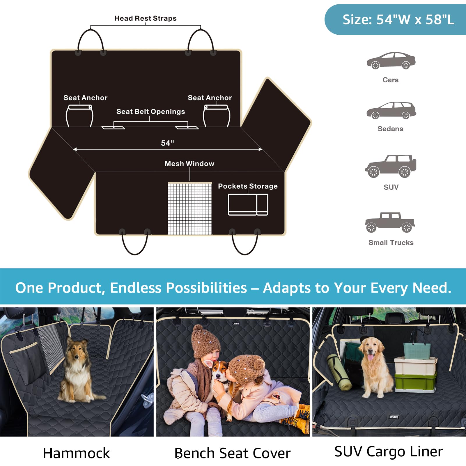Lassie Dog Car Seat Covers for Back Seat, Waterproof Dog Car Hammock with Mesh Window Durable Scratch Proof Nonslip Pet Carseat