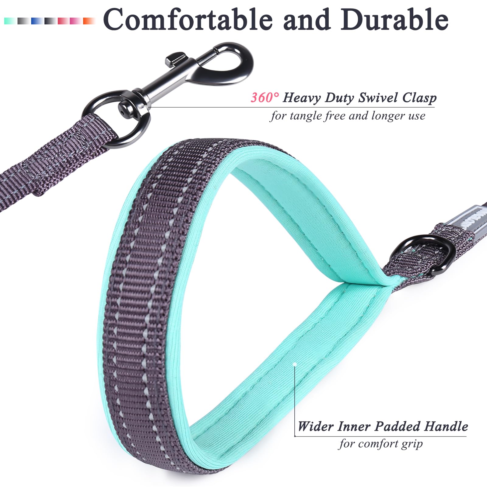 Vivaglory Traffic Handle Dog Leash, Two Padded Soft Handles Dog Leash, Strong Reflective & Metal Hook Training Pet Lead, Grey