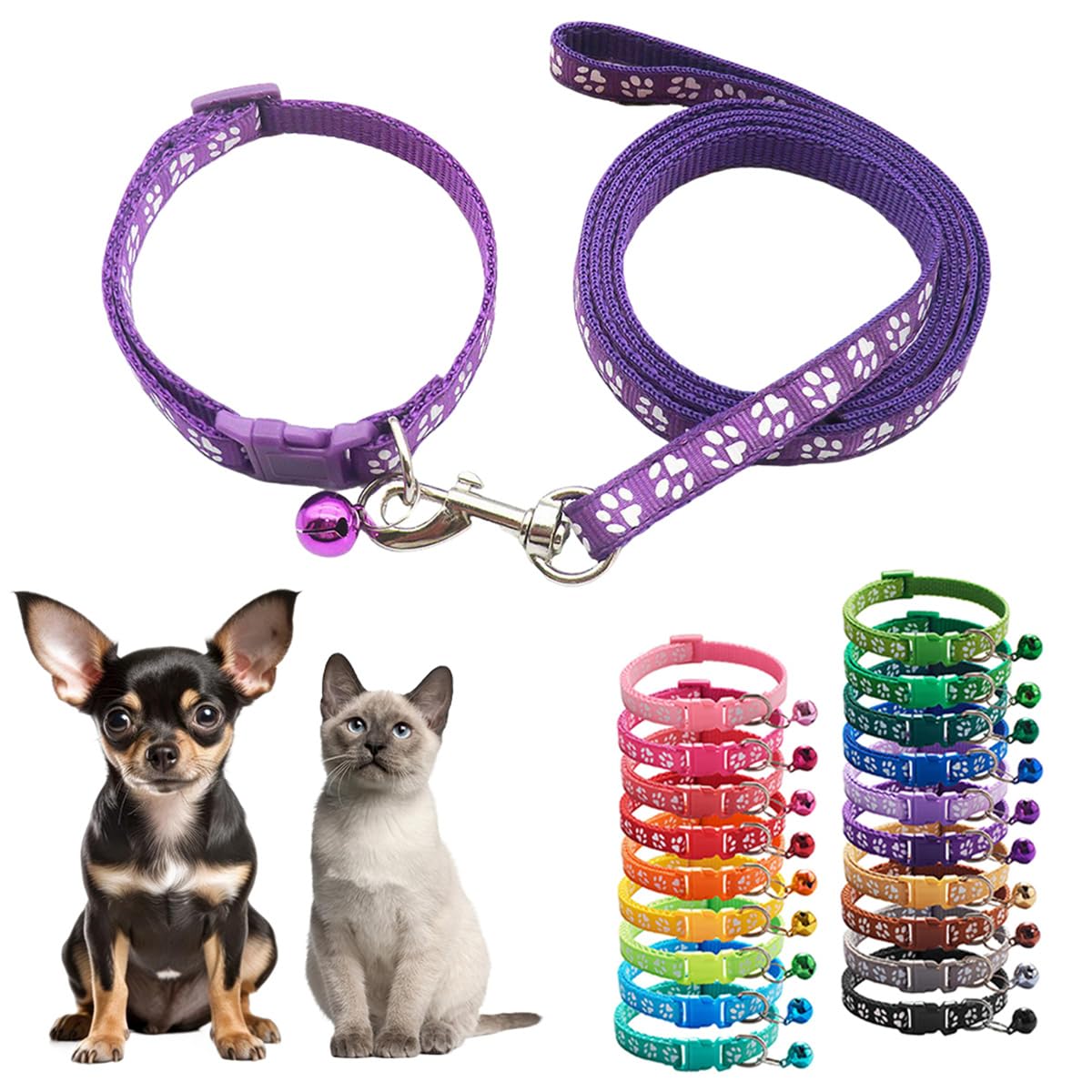Small Cat Collar And Leash Set With Bell,Dark Purple Nylon Paw Cat Collar Girl Female Cute Fancy Puppy,Neck 7-12 Inch