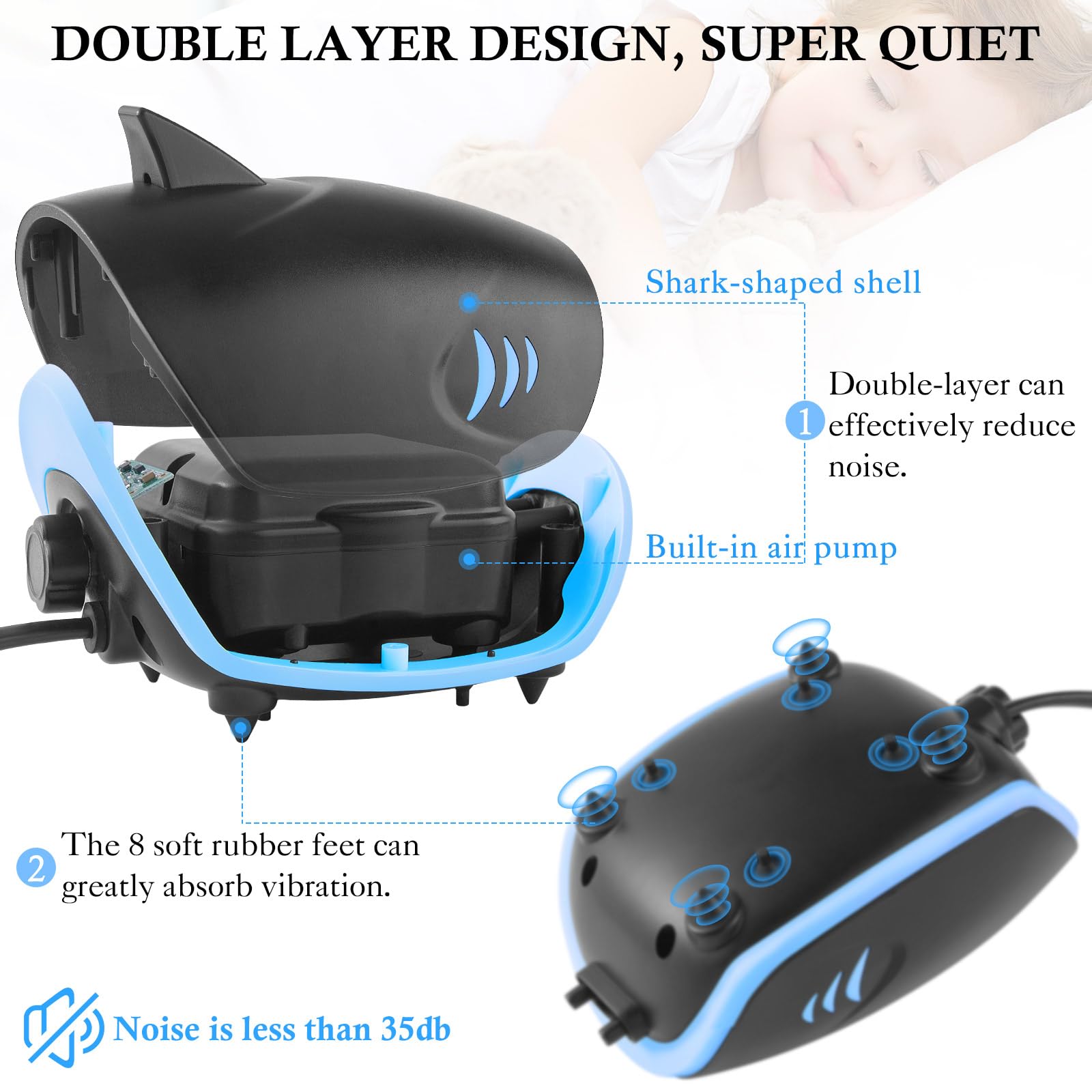 HITOP 3W Quiet Aquarium Air Pump: 80GPH Adjustable Fish Tank Air Pump with Dual Output, Powerful Shark-Shaped Aquarium Aerator,