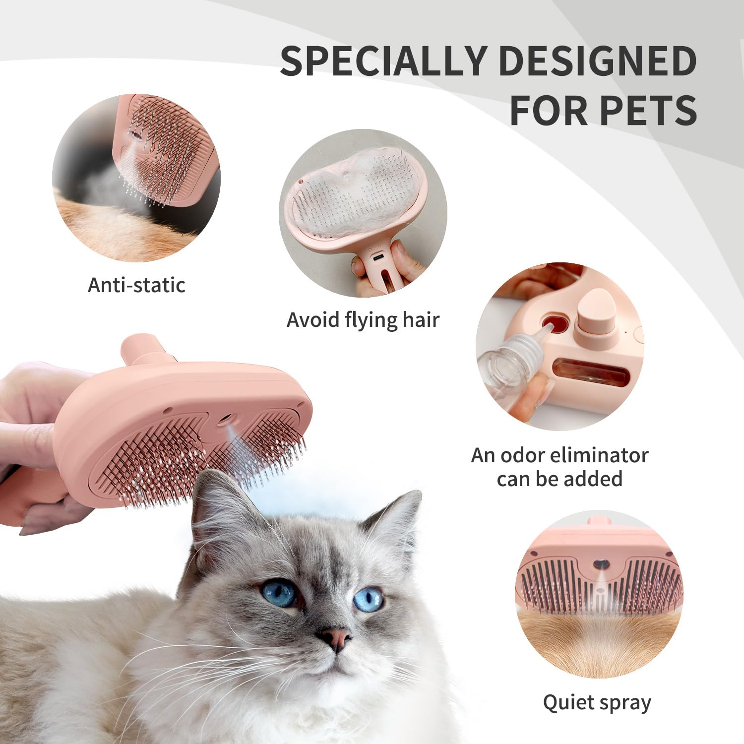 Pecait 3-in-1 Steam Brush with Release Button and Tank, Anti-Static Pet Brush for Long and Short Hair - Removes Tangles and Loos