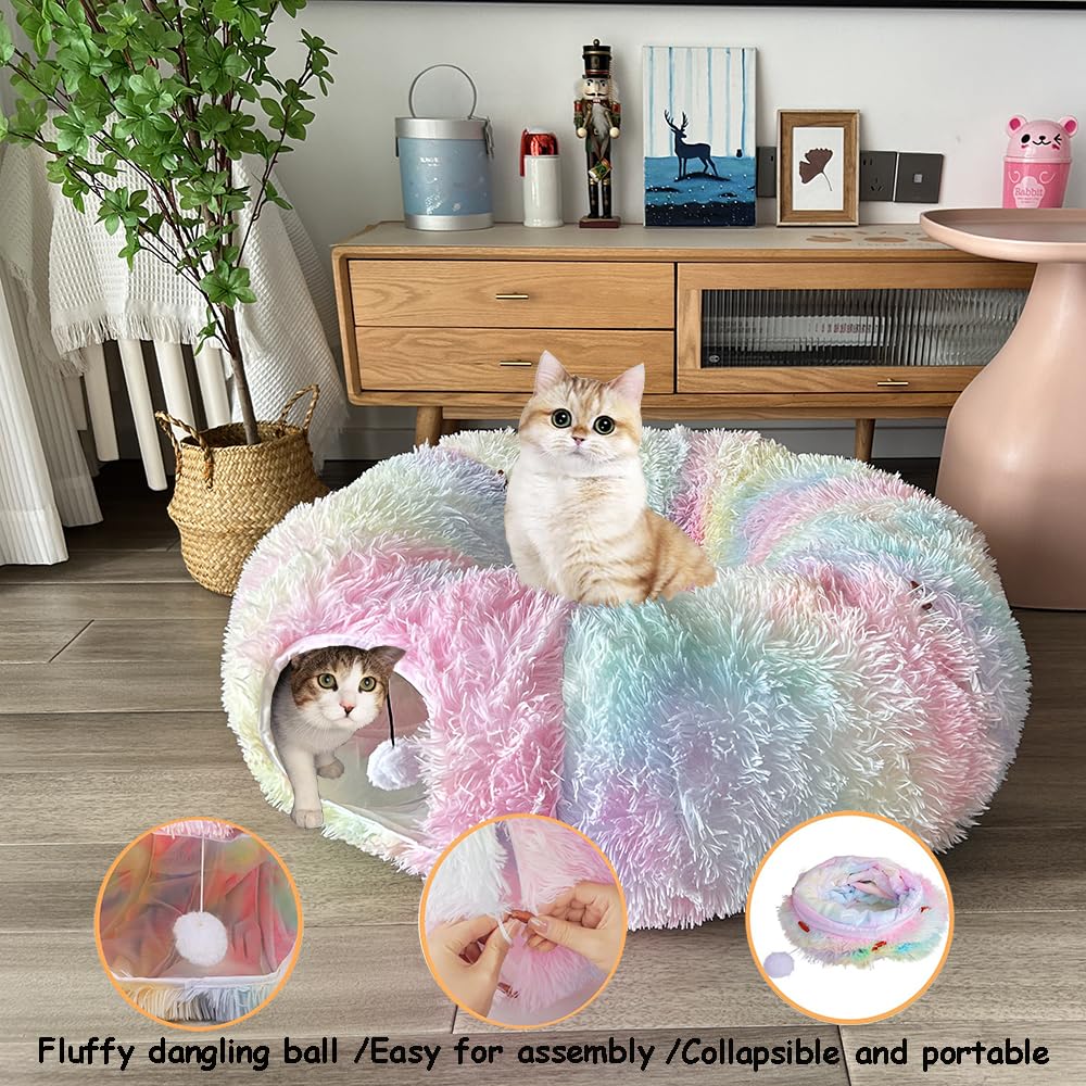 Mabaytir Cat Tunnel Bed for Indoor Cats Colorful Plush, Collapsible PlayTube with Removable Cushion, Sturdy Cat Toy Playhouse, S