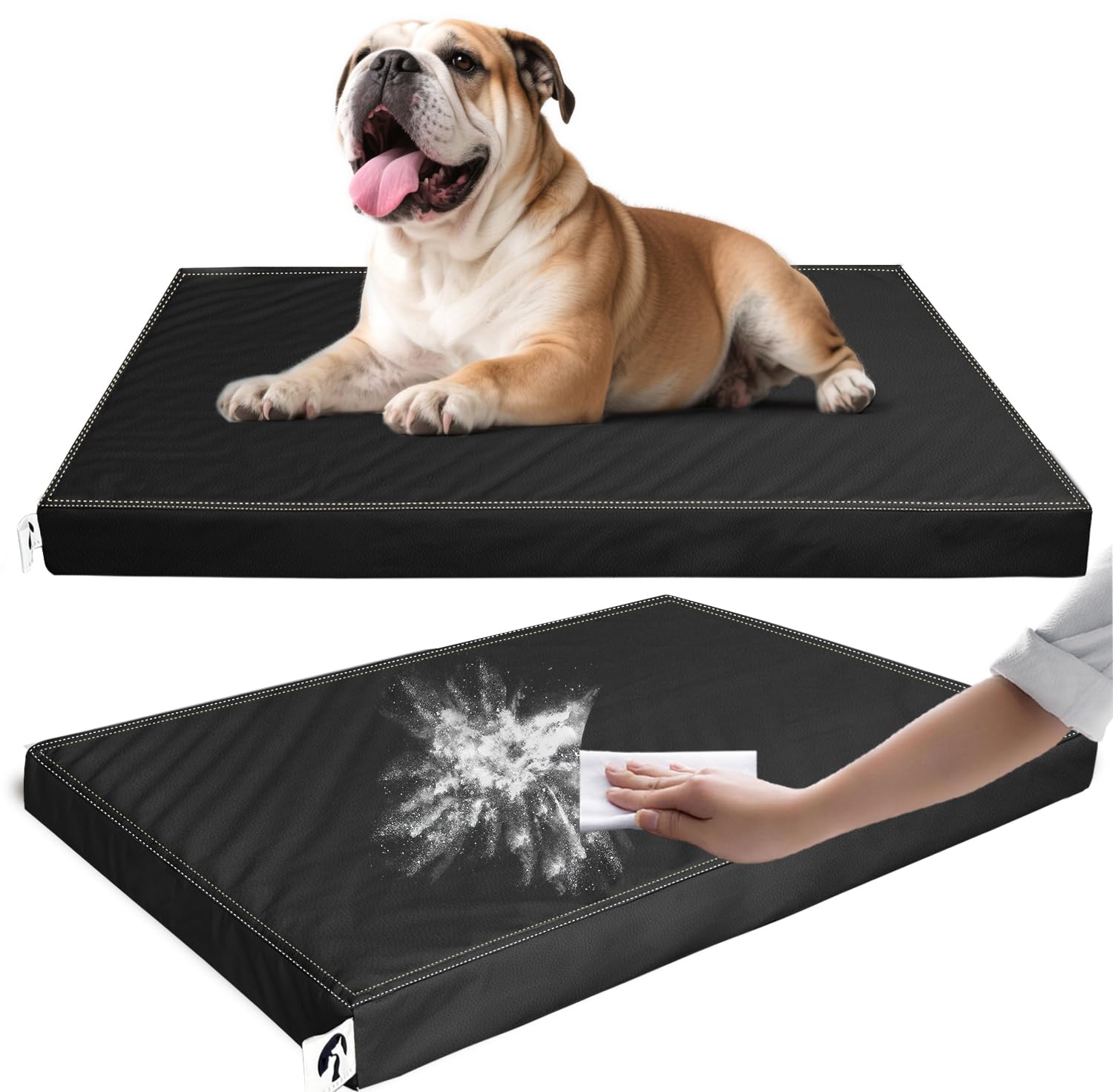 Waterproof Leather Dog Bed Crate Mat, Durable Pet Mattress for Medium Dogs, Wipeable Easy to Clean Black Vinyl Pad