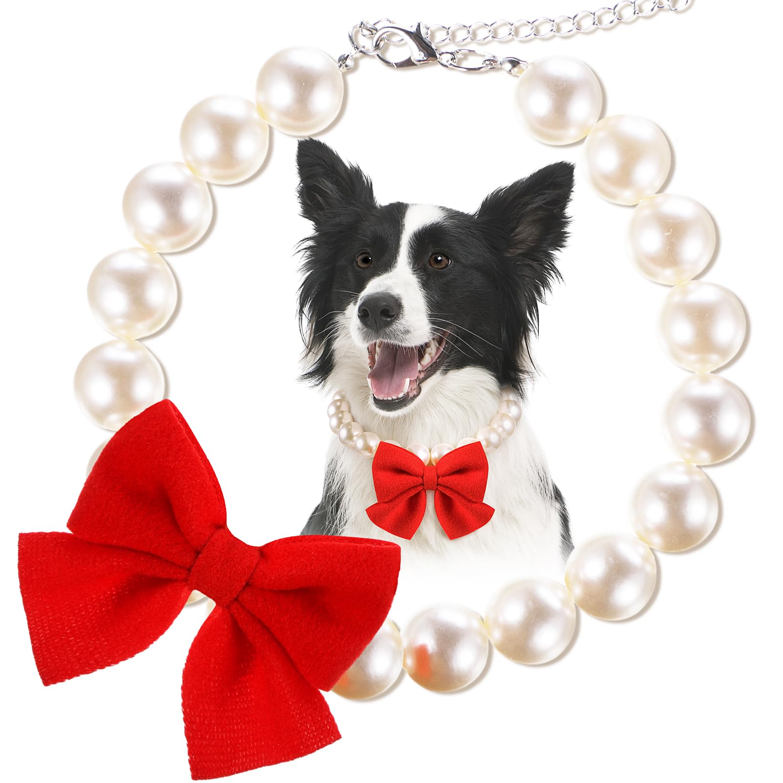Leifide Chunky Pearl Dog Necklace With Red Bow 20Mm Large Bead Big Pearl Puppy Collar Necklace Adjustable Jewellery Accessories 