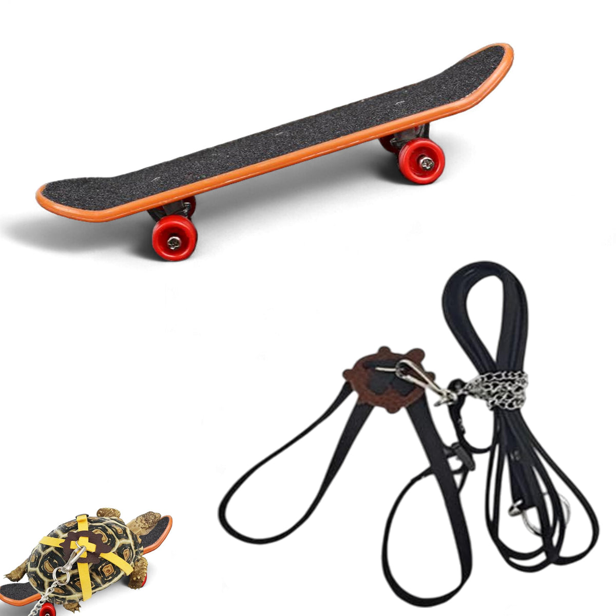 Tortoise Harness And Leash With Mini Skateboard For Turtle, Tortoise, Bearded Dragon Lizard, Turtle Harness (Black With Bell, Sm