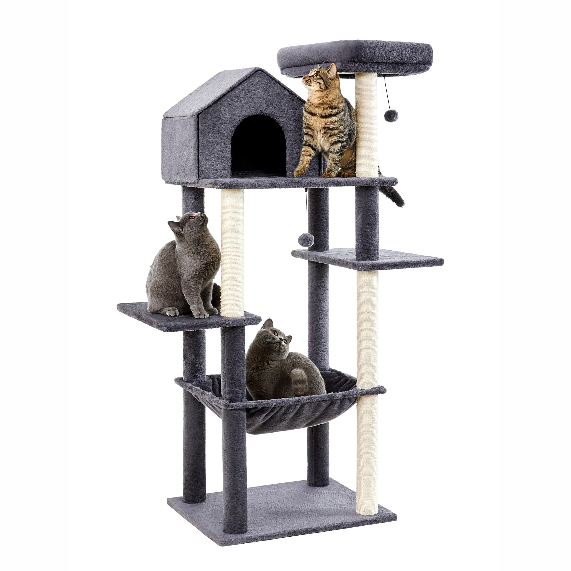 Made4Pets 60 Inch Cat Tower For Indoor Cats, Multi-Level Cat Tree With Plush Hammock, Cozy Cat House, Scratching Posts, Top Perc