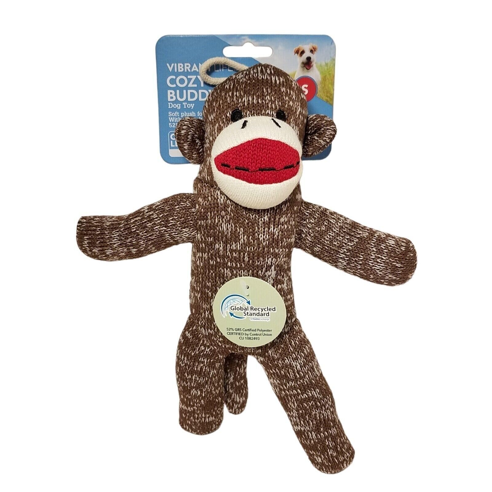 Vibrant Life Playful Buddy Sock Monkey Squeaky Dog Toy For Small To Medium Size Dogs, Colors May Vary, Washable