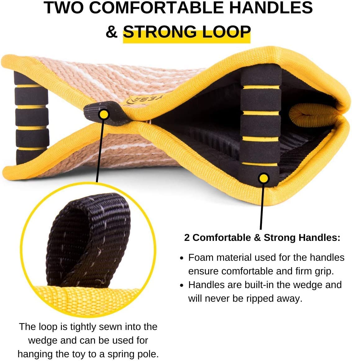 Yes4Quality Durable Dog Bite Wedge 13X10 Inches, Safe Biting Pillow W/ 2 Comfy & Strong Handles, Tough Jute Tug Toy For Med To Large Dogs, Ideal For Tug Of War, K9, Ipo Schutzhund & Puppy Training