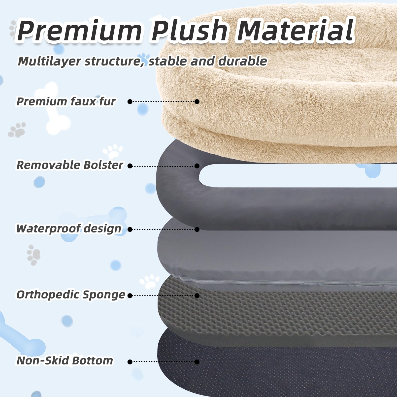 Human & Pet Bed, 71''X45''X12'' Fits All, Washable Faux Fur Orthopedic Dog & Human Bed, Plump Pillow, Blanket, Strap - Beige
