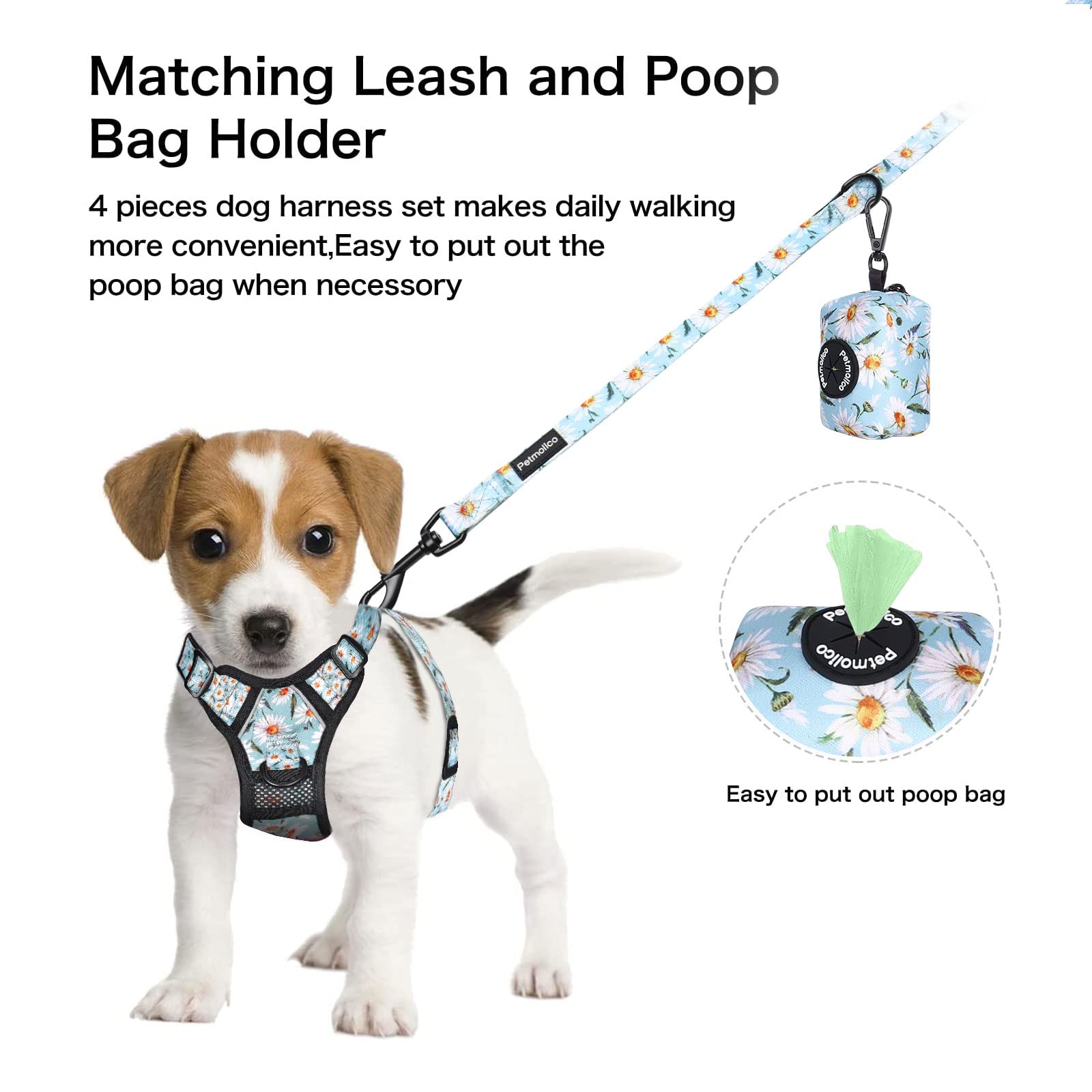 Petmolico No Pull Dog Harness Set, 2 Leash Attchment Easy Control Handle Reflective Vest Dog Harness Medium Breed, Medium Dogs Harness And Leash Set With Poop Bag Holder, Medium Daisy