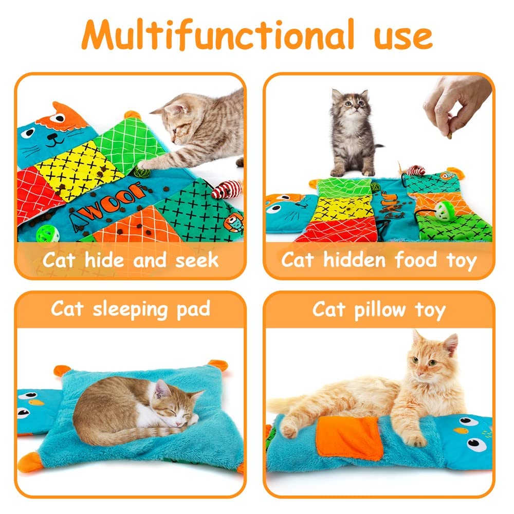 Awoof Cat Mat, Cute Soft Catnip Mat, Cat Activity Mat Machine Washable Catnip Toys Interactive Cat Toys For Indoor Cats, Self-Warming Crinkle Mat Cat Blanket For Small Medium Large Cats With 7 Pockets