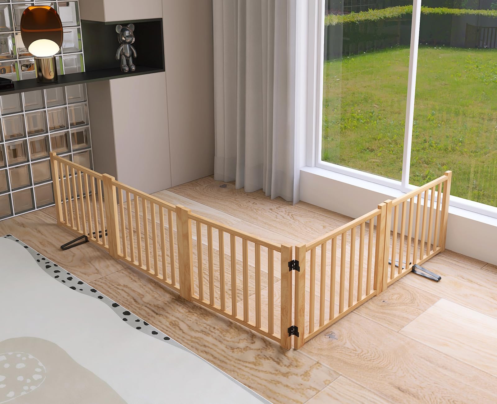 YOCAN Wooden Freestanding Dog Gates for The House,Doorways, Stairs,Wood Dog Fences Indoor Pet Gate,Step Over Fence, 5 Panel H:16