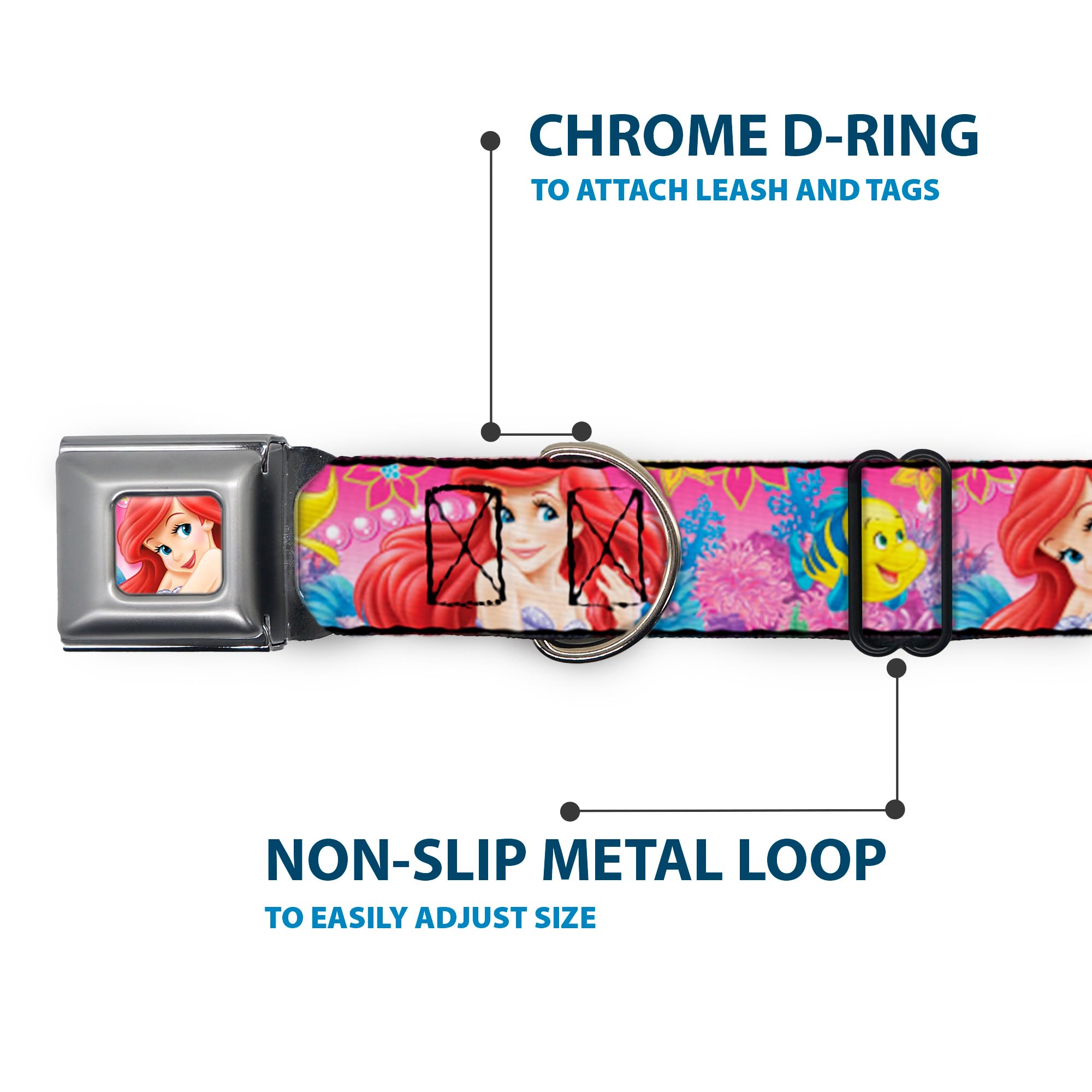 Buckle-Down Seatbelt Buckle Dog Collar - Ariel/Flounder/Fish Trio Poses Pinks - 1' Wide - Fits 11-17' Neck - Medium