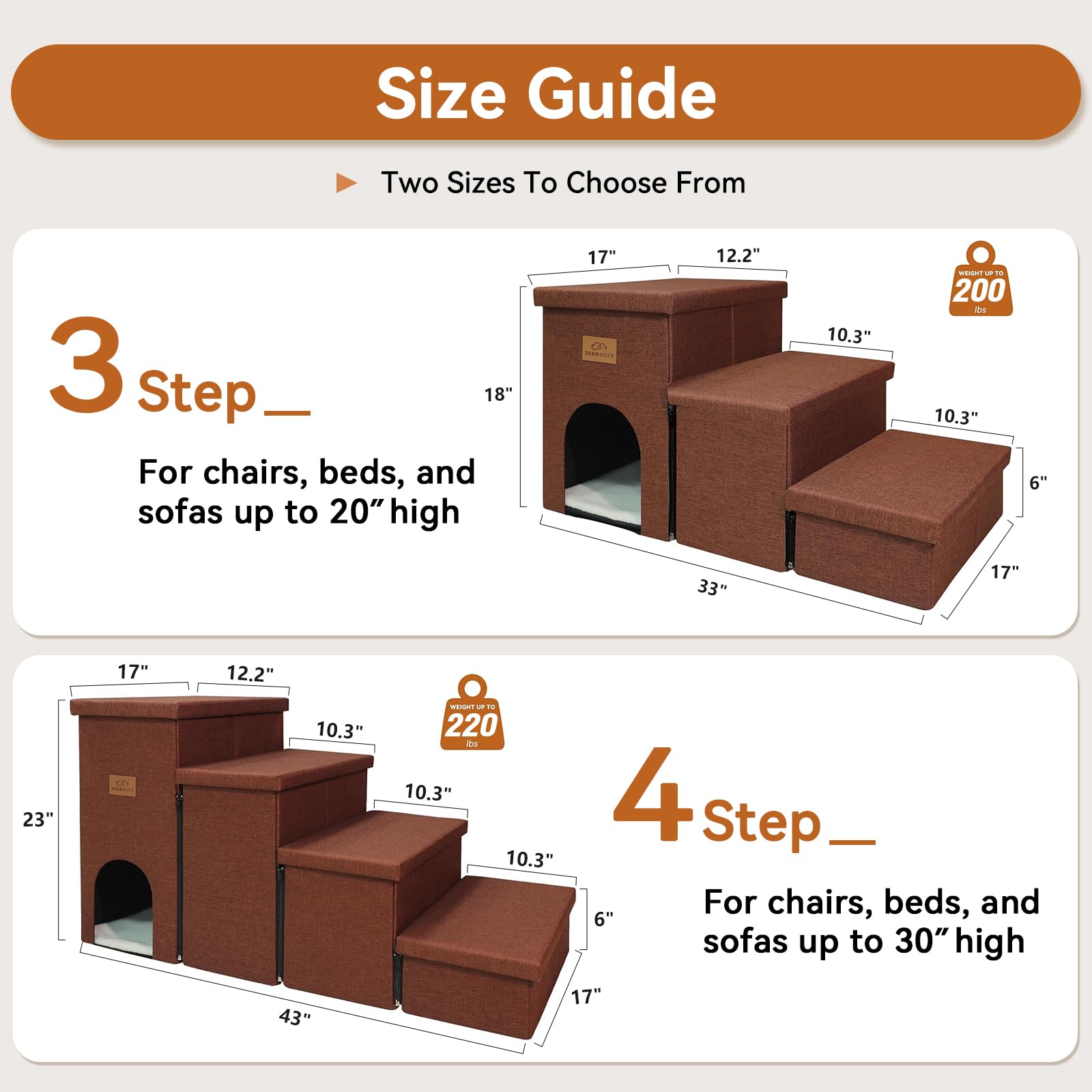 Zerbuger Dog Stairs with Condo 23  H, 4-Step Wider Dog Steps for High Beds Window, Folding Storage Pet Stairs Gift for Small/Med