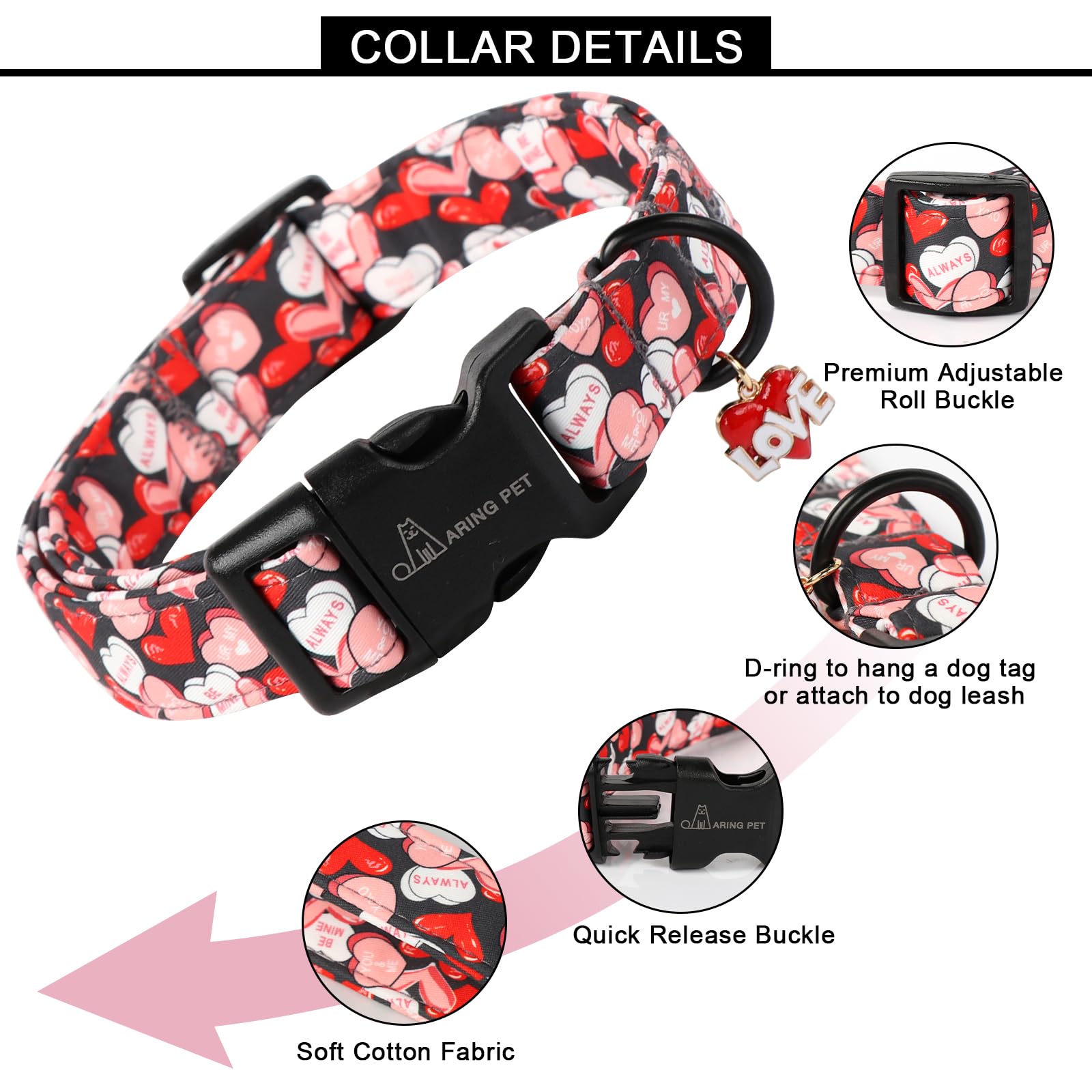 Aring Pet Valentine'S Day Dog Collar-Cute Black Heart Dog Collars, Adjustable Valentine Heart Pet Collars Puppy Collar With Quic
