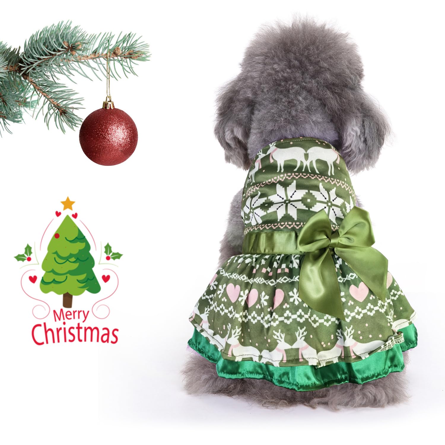 Otunrues Dog Christmas Dress, Stretchy Outfit With Bowtie For Girls, Holiday Party Lightweight Clothes For Small Dogs Cats, Gree