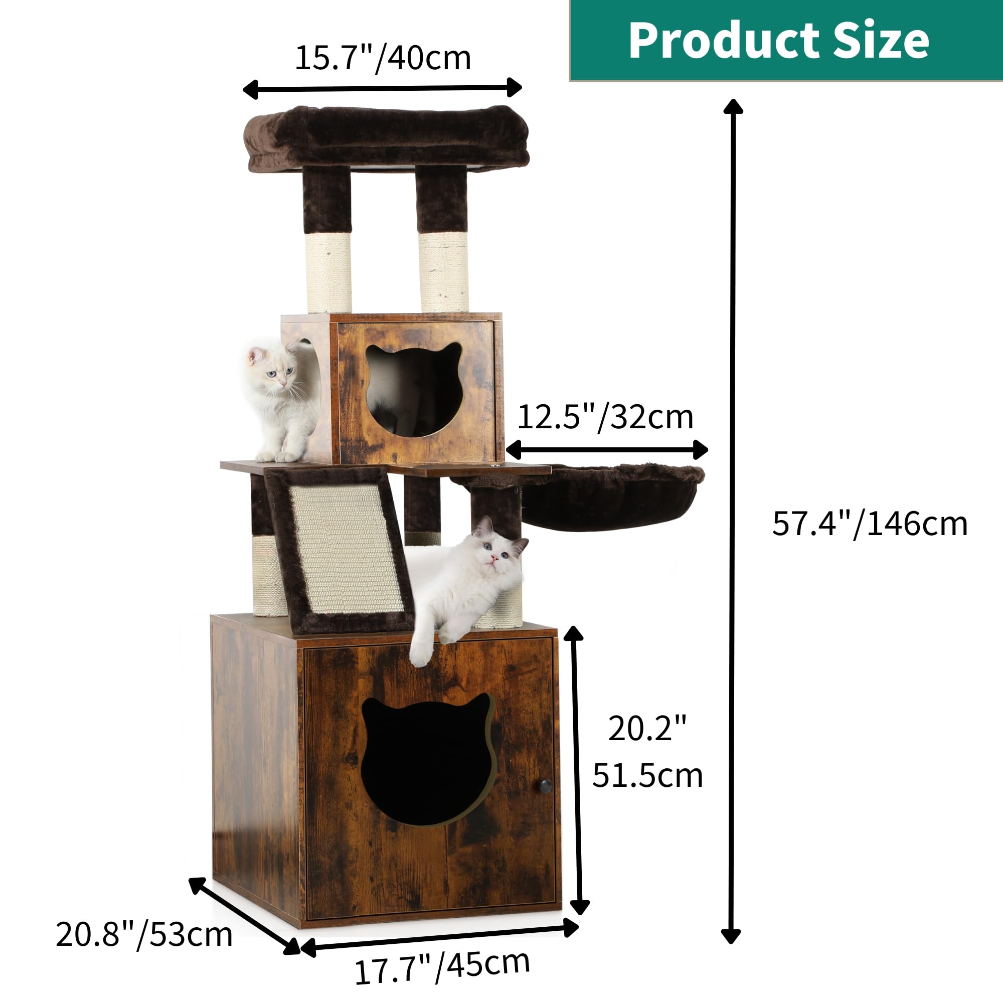 Yitahome Cat Tree With Litter Box Enclosure, Hidden Cat Litter Box Furniture With Sisal Scratching Post, Wooden Cat House With B