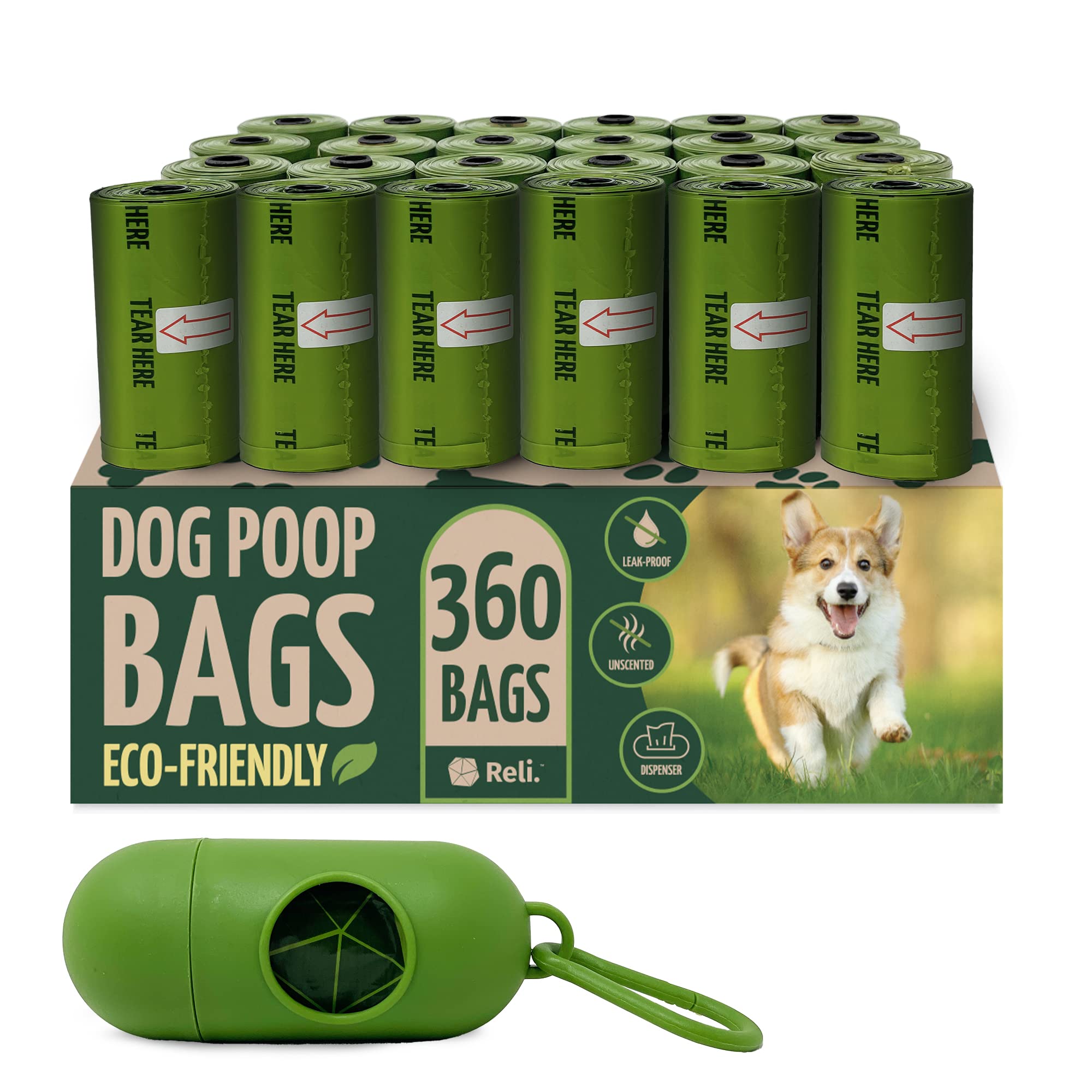 Reli. Biodegradable Dog Poop Bags W/Holder (360 Count - 24 Rolls) | 9X13'' Large Dog Bags For Poop W/Dispenser | Green Eco-Frien