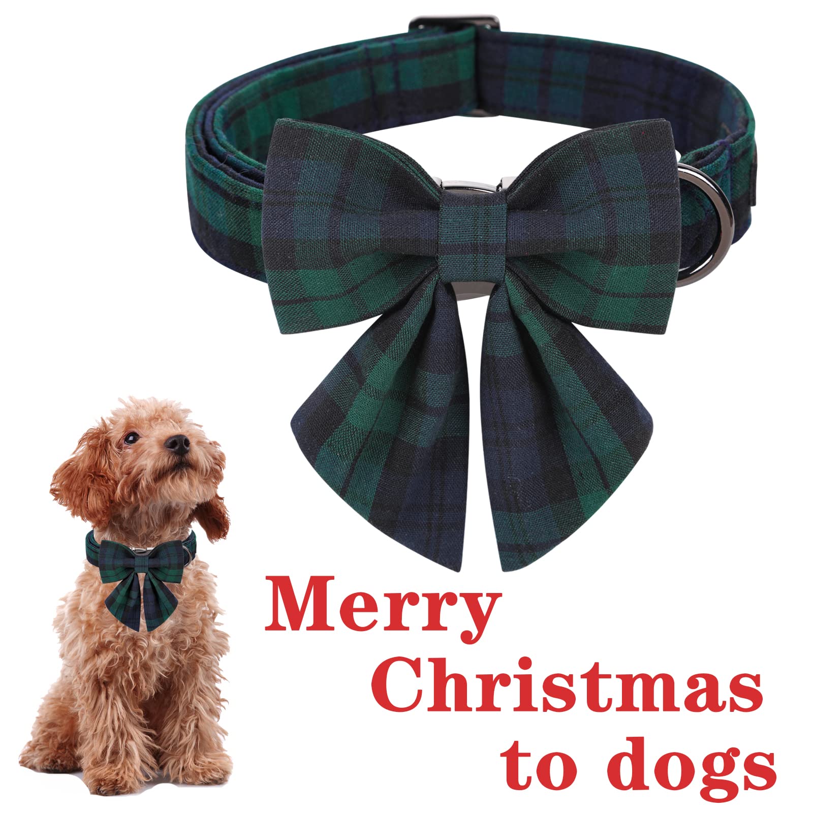 Unique Style Paws Christmas Dog Collar With Bow Tie Green Plaid Puppy Collar For Small Medium Large Dogs As Autumn Winter Pet Gifts-M