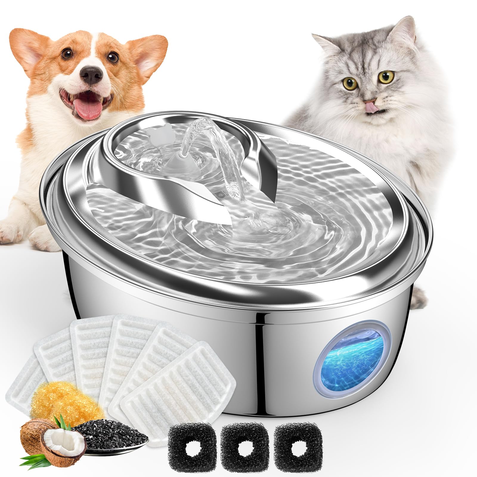 Orsda Stainless Steel Cat Water Fountain, Automatic Pet Drinking Fountain, 100Oz/3L Dog Water Dispenser With Led Water Level Win