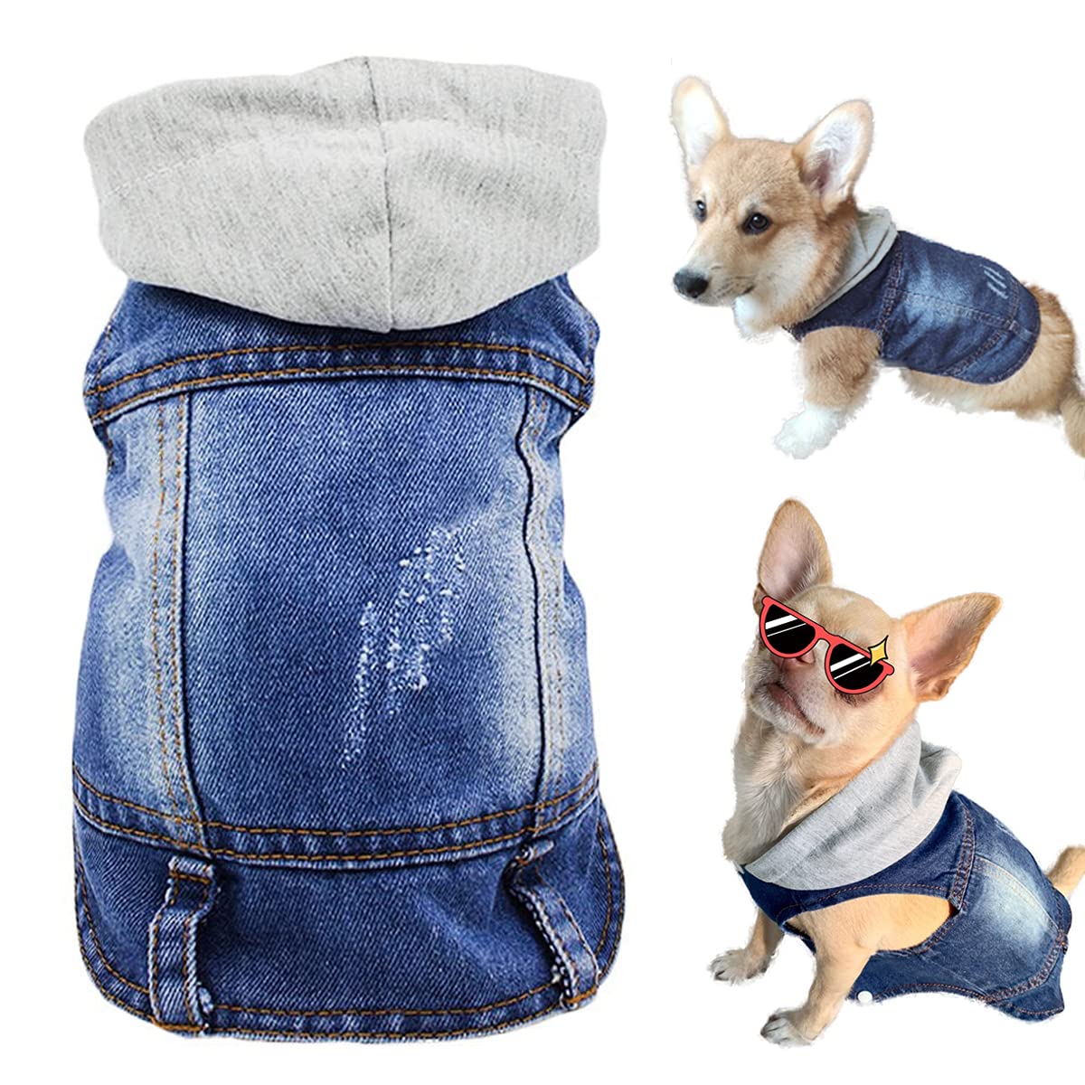 Pet Clothes Dog Jeans Jacket Cool Blue Denim Hoodie Coat, Puppy Clothing Shirt Costume, Doggy Vintage Washable Lapel Vest, Dog C