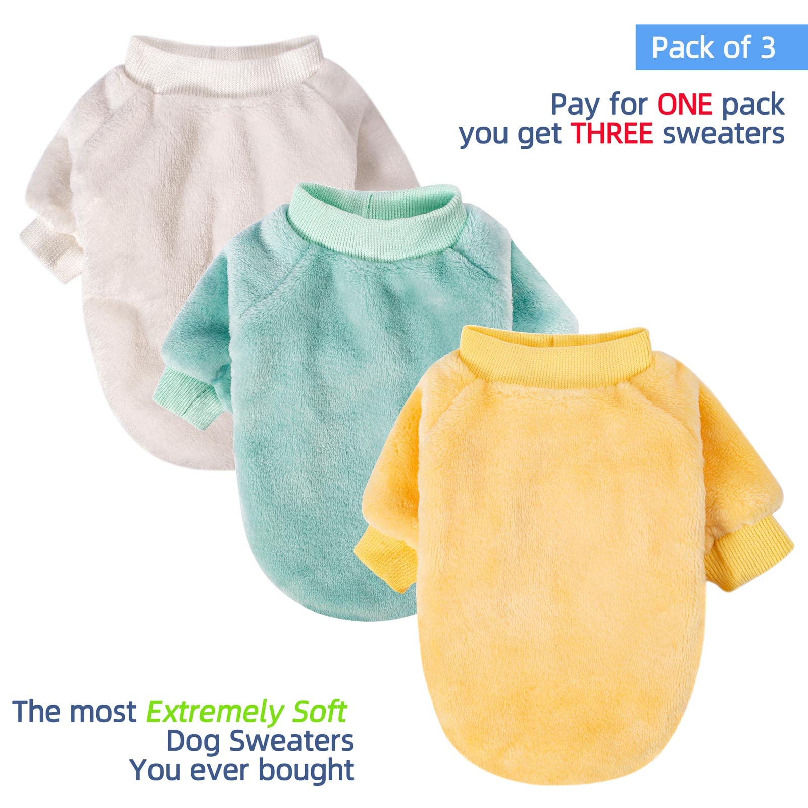 Dog Sweater, Pack Of 2 Or 3, Dog Clothes, Dog Coat, Dog Jacket For Small Or Medium Dogs Boy Or Girl, Ultra Soft And Warm Cat Pet Sweaters (Small, Beige,Light Green,Yellow)