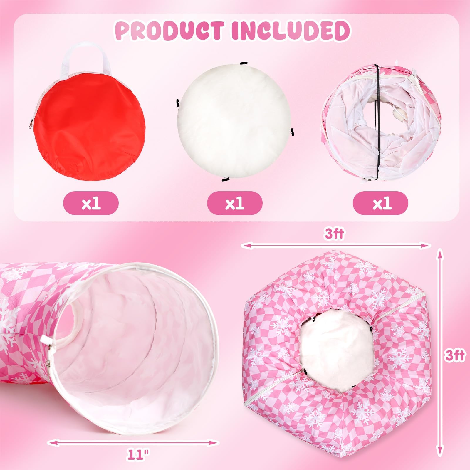Pink Cat Tunnel Bed Peekaboo Cat Cave Donut Under Christmas Tree Pink Checker With Snowflakes Festive Decor Perfect For Small Me