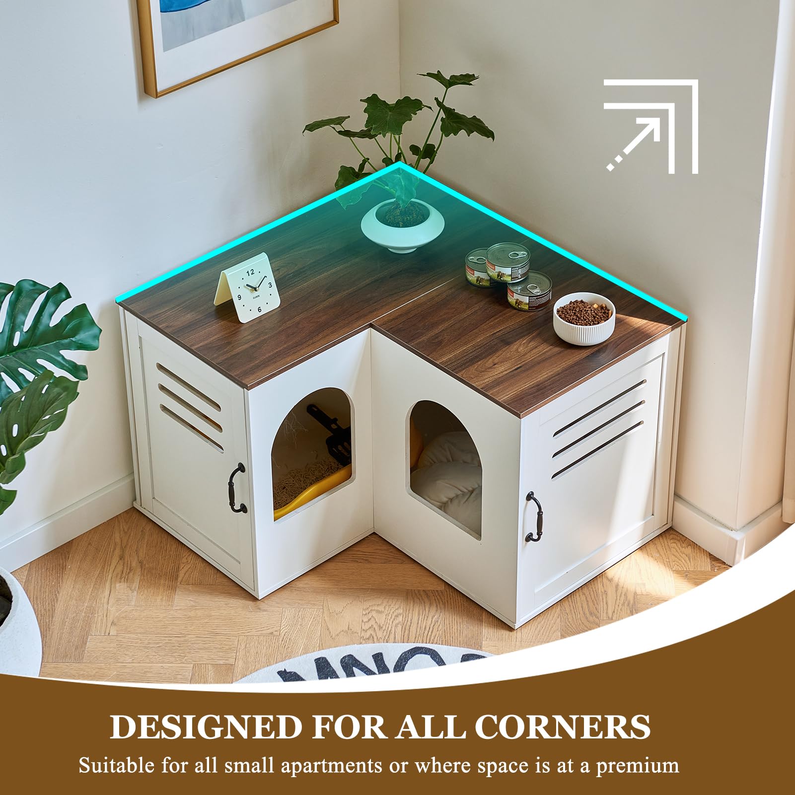 Janflyhome Corner Litter Box Enclosure For 2 Cats, 31.5In Hidden Litter Box Furniture, Litter Box Cabinet With Double Room, Indo