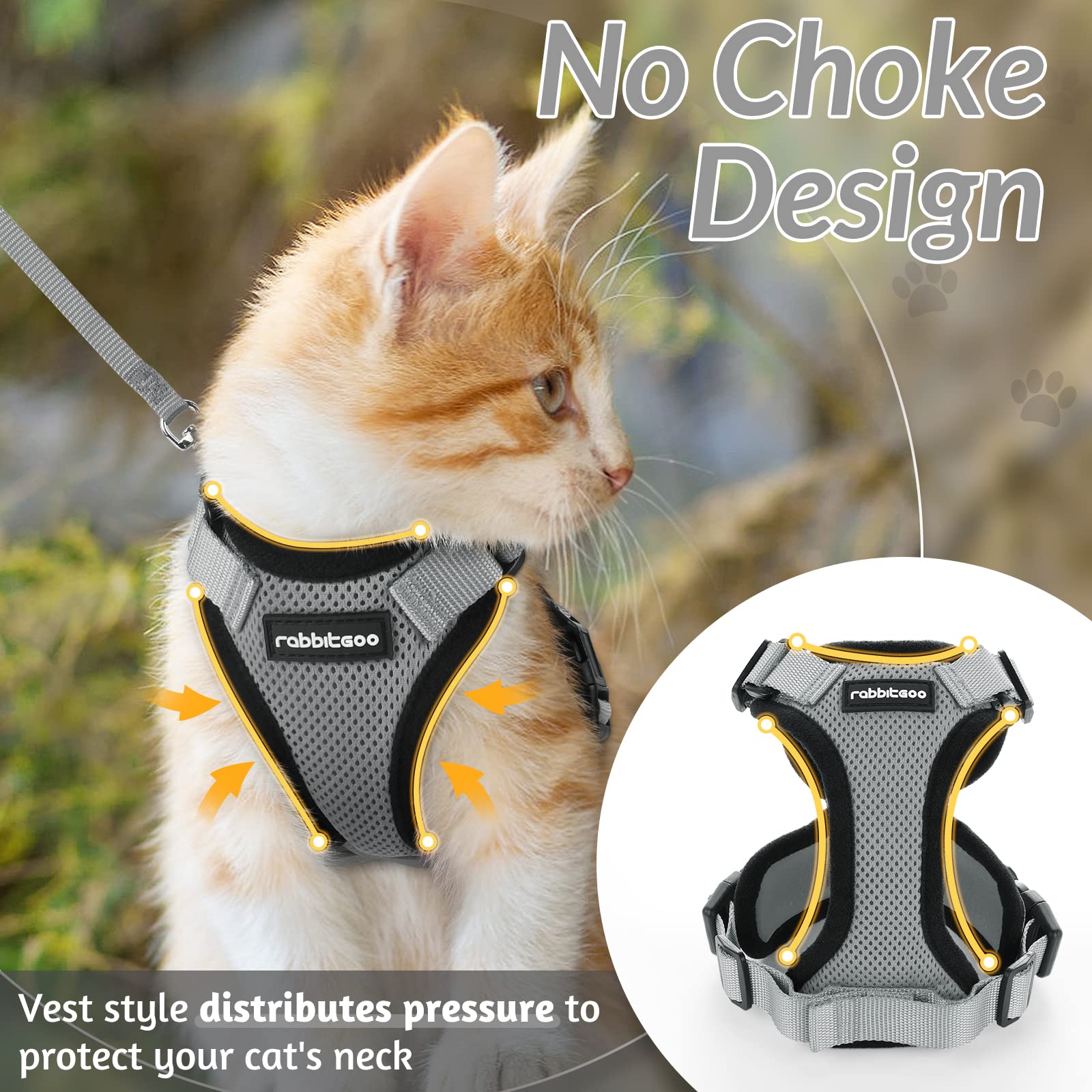 Rabbitgoo Cat Harness And Leash For Walking, Escape Proof Soft Adjustable Vest Harnesses For Cats, Easy Control Breathable Reflective Strips Jacket, Grey, Xs