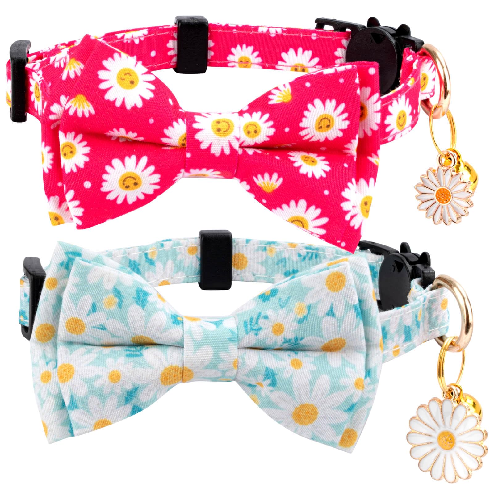 Gelwoo 2 Pack Cotton Cat Collar With Bow Tie And Bell For Male Female Cats,Soft Fancy Breakaway Kitty Kitten Collar With Flower 