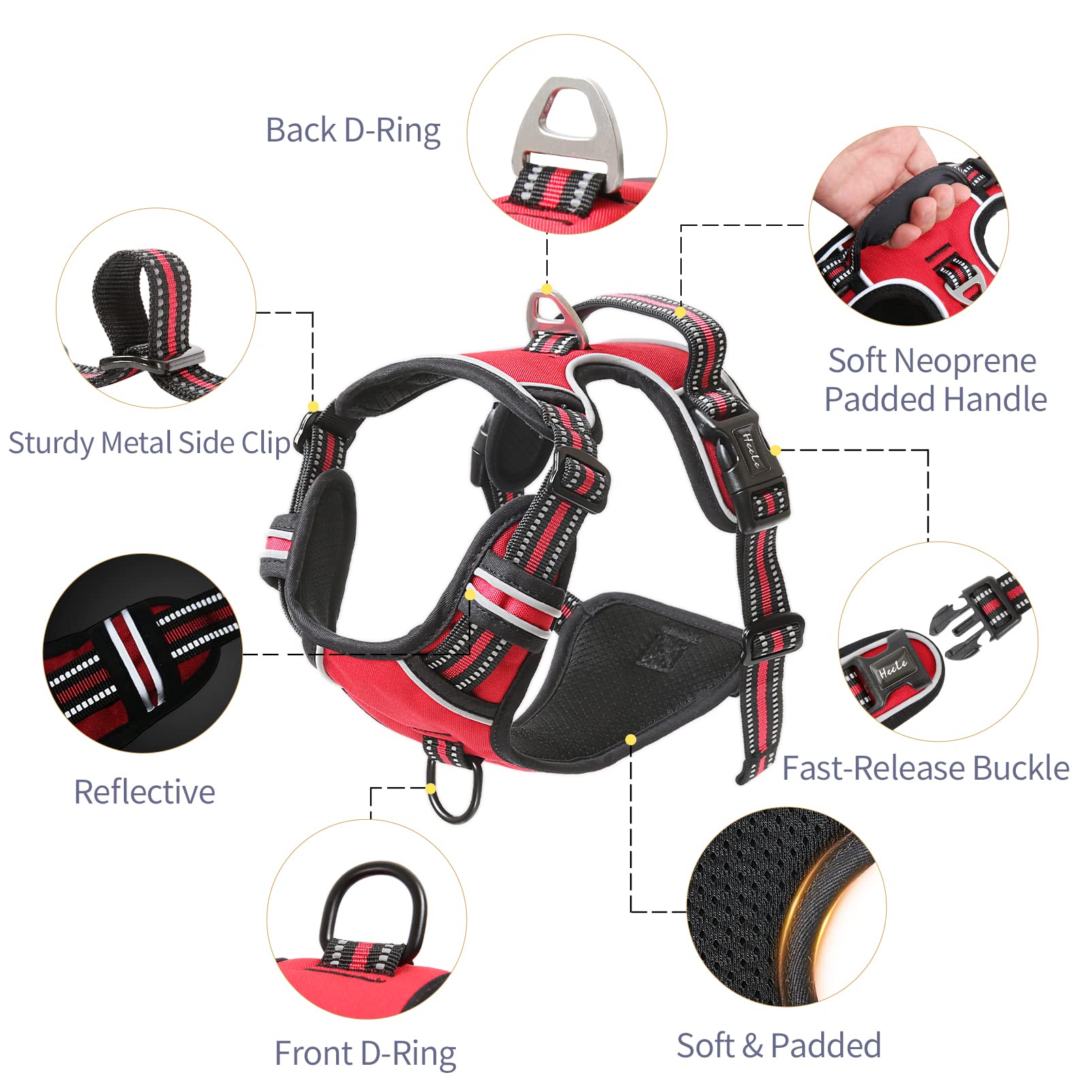Heele Dog Harness Medium No Pull Vest Harness Adjustable Reflective And Durable For Outdoor Training, Red, M