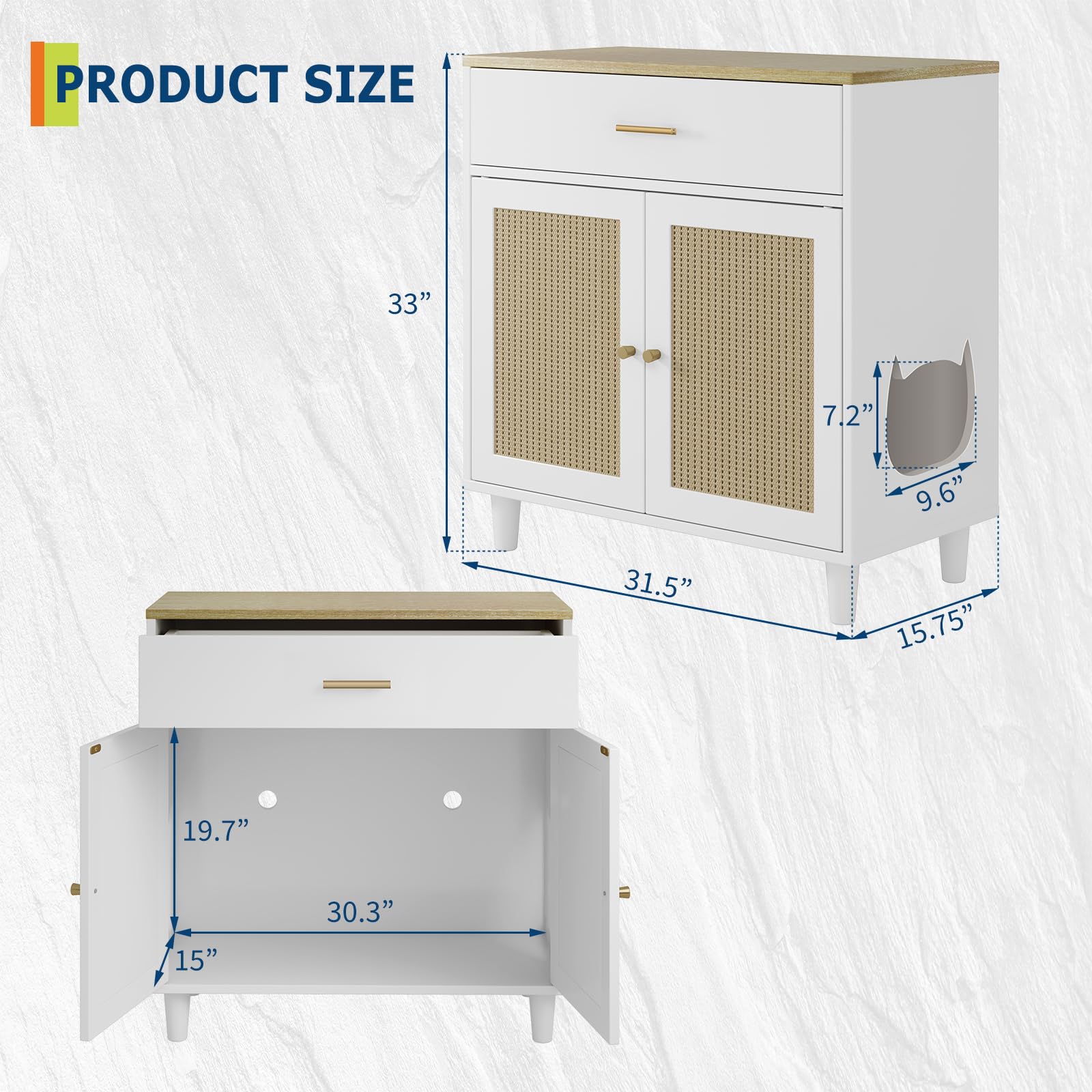 GarveeLife Hidden Cat Litter Box Furniture with Storage Drawer, Wood Cats Litter Enclosure Cabinet with 2 Sisal Doors, Hidden En