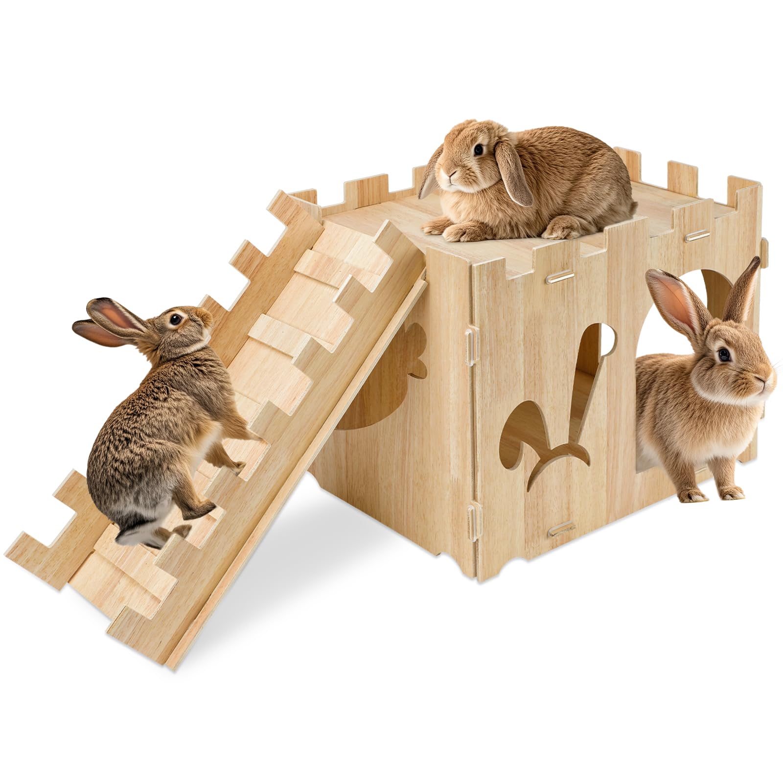 YUEPET Large Wooden Rabbit Castle with Ramp, Rabbit Pig Hideout Detachable Bunny House Indoor Small Animal Houses & Habitats for