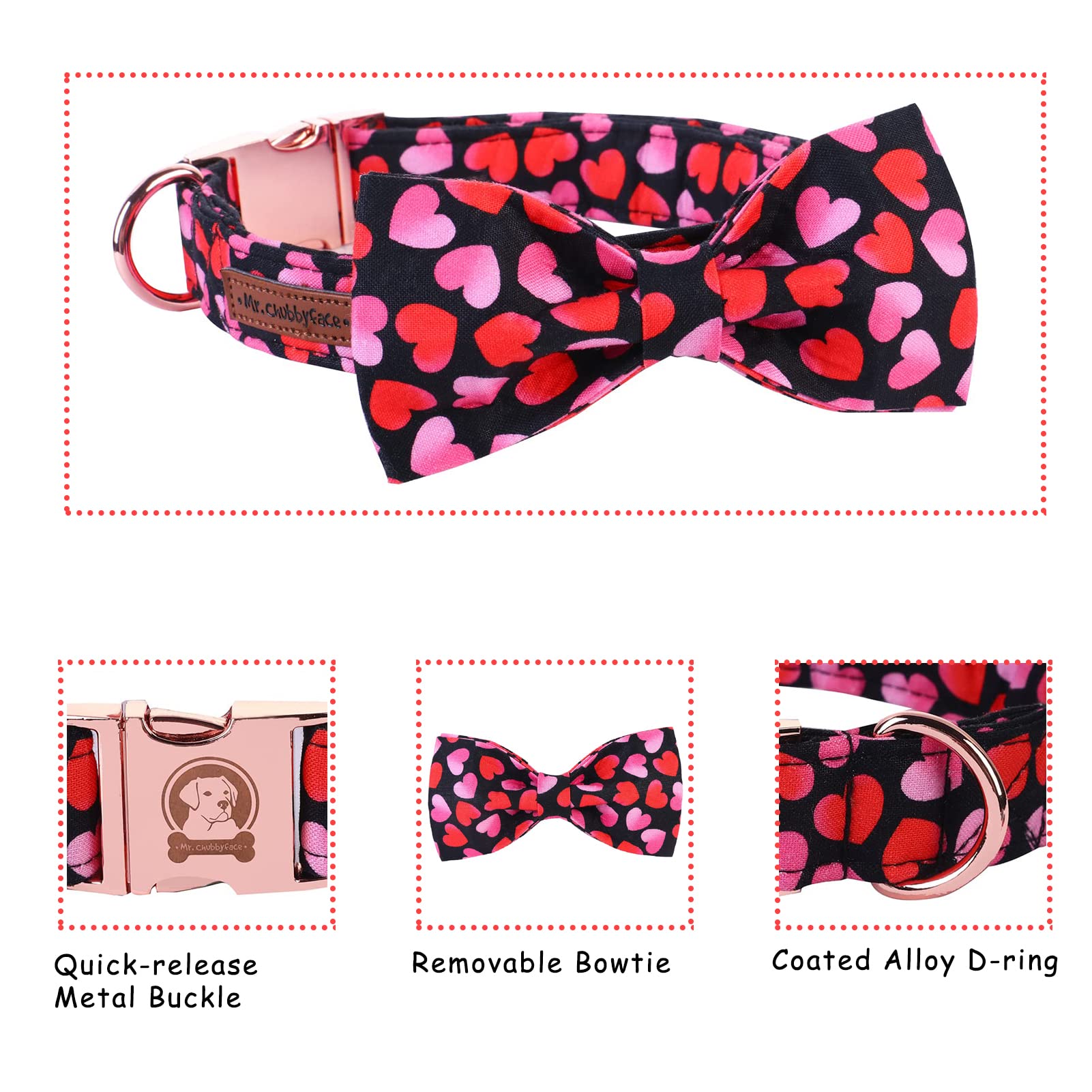 Mr. Chubbyface Valentine'S Dog Collar With Bowtie, Cute Black Heart Dog Collar With Metal Buckle, Adjustable Cotton Collar For S