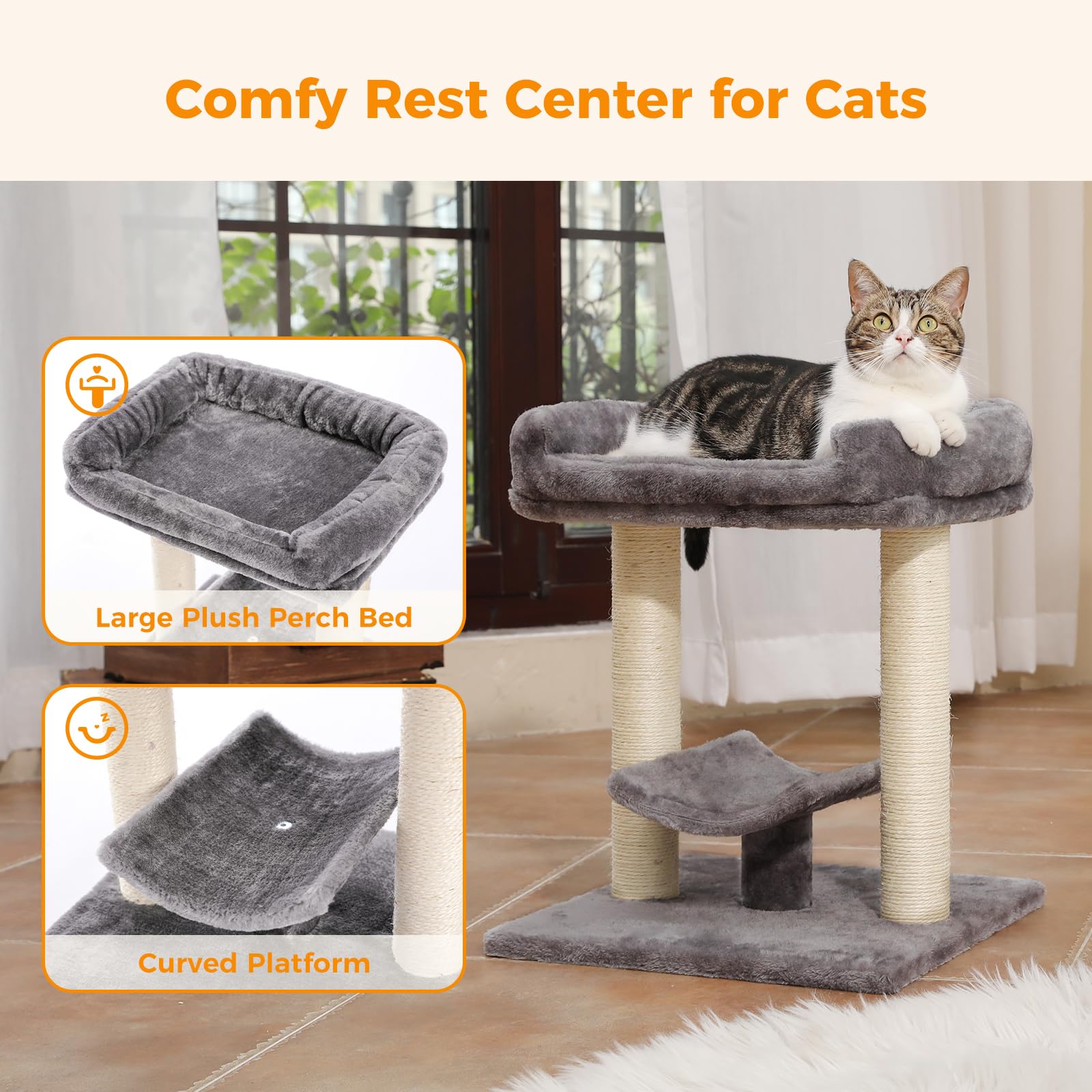 Petepela 19'' Scratching Post, Cat Tree Tower, 100% Natural Sisal Scratcher With Large Plush Top Perch Bed, Cozy Platform For Ki