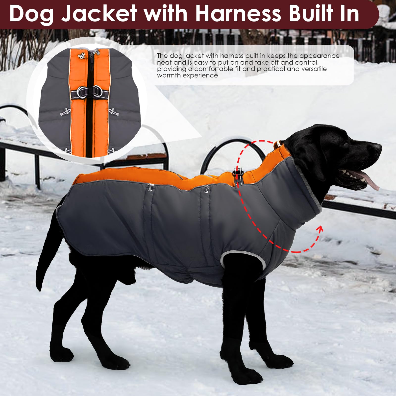 IKIPUKO Dog Coat - Large Dog Winter Jacket, Warm Zip Up Snowsuit, Reflective, Water-Resistant, Orange-Gray