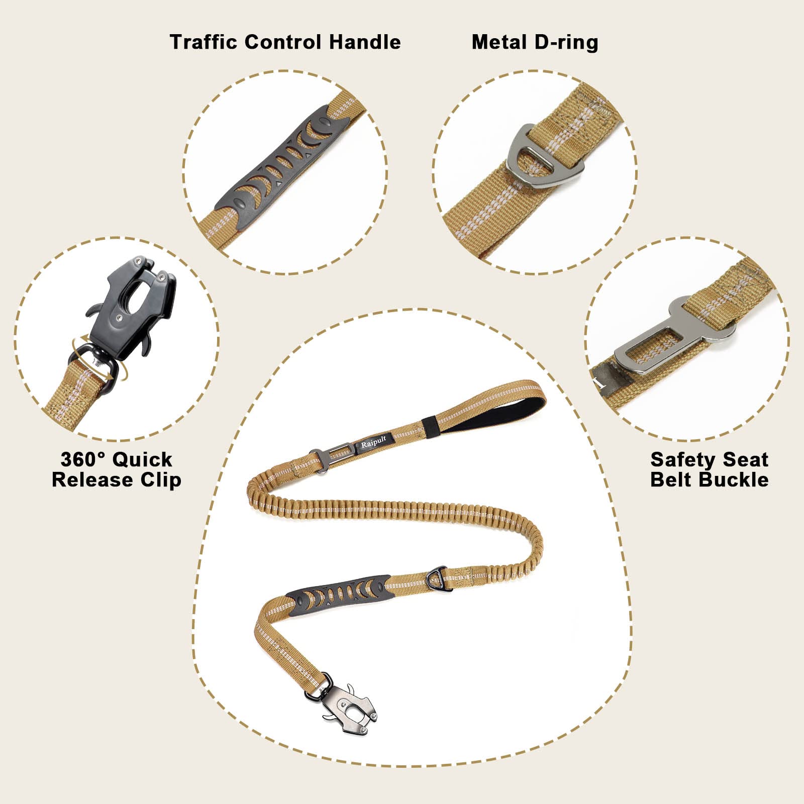 Raipult Heavy Duty Tactical Bungee Dog Leash, 4-6Ft No Pull Leash With Quick Release Carabiner, Reflective Shock Absorbing Lead