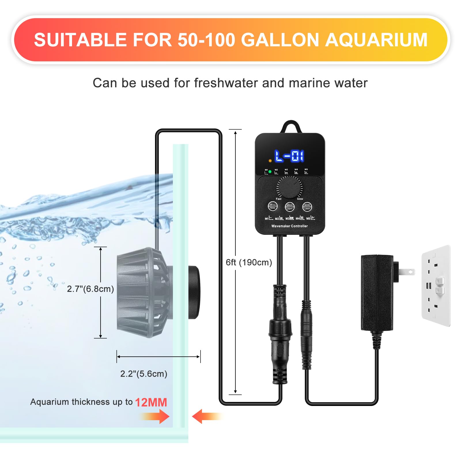 JEREPET 2100GPH Wave Maker with Controller, Mini DC 24V Powerhead for 50-100 Gallon Tank, Black, Model WPO