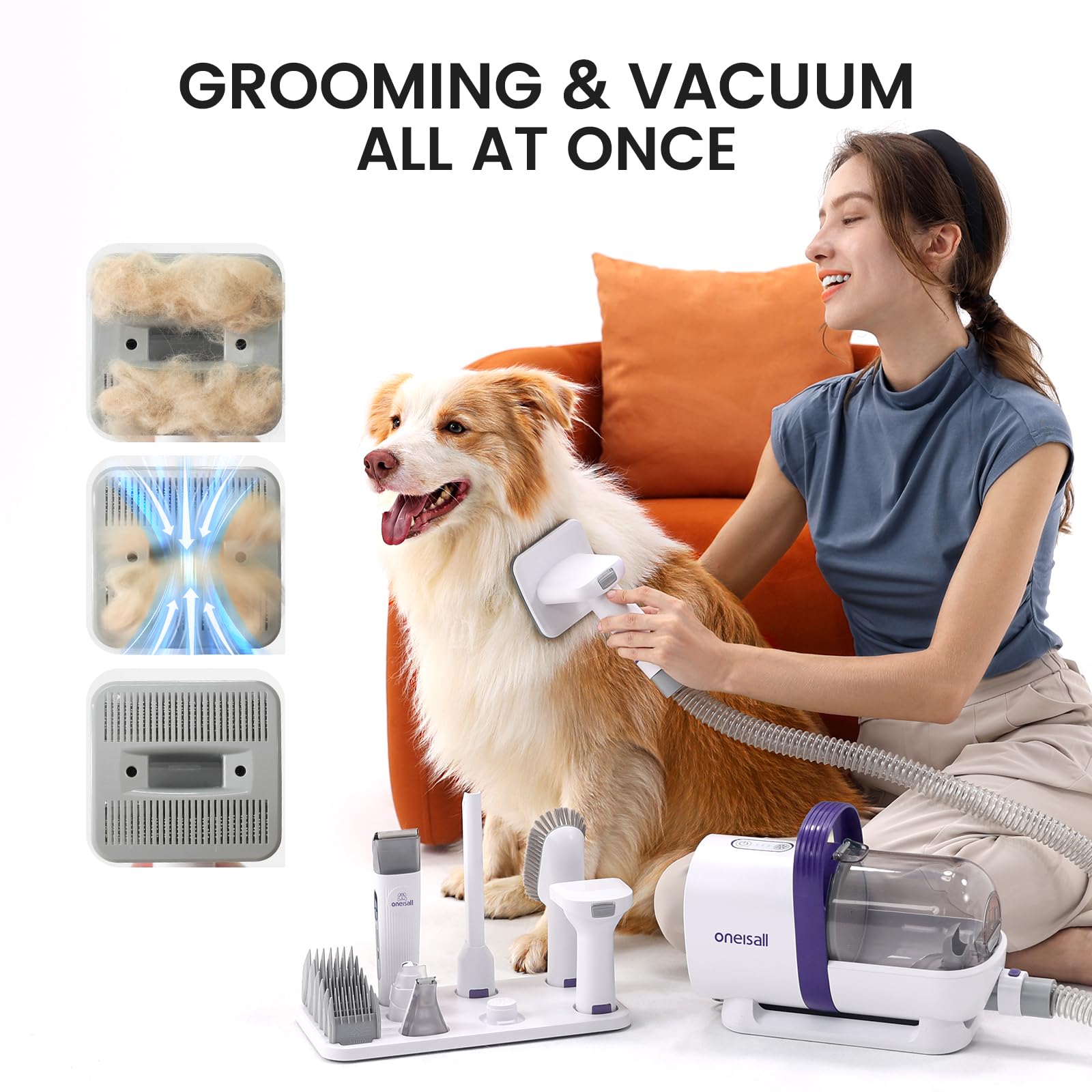 Oneisall Dog Hair Vacuum & Dog Grooming Kit, Pet Grooming Vacuum With Pet Clipper Nail Grinder, 1.5L Dust Cup Dog Brush Vacuum W