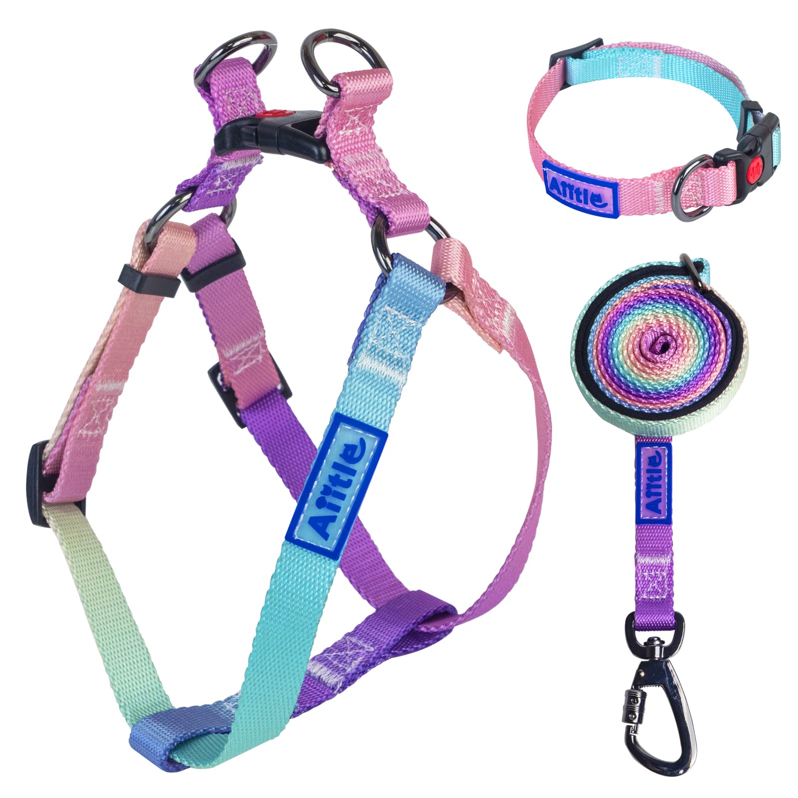 Aiitle Step In Dog Harness Collar Leash Set - Adjustable Heavy Duty No Pull Halter Harness - Buckle With Locking System,Double D Ring - Walking Running For Small Medium Large Dogs,Pink Gradient L