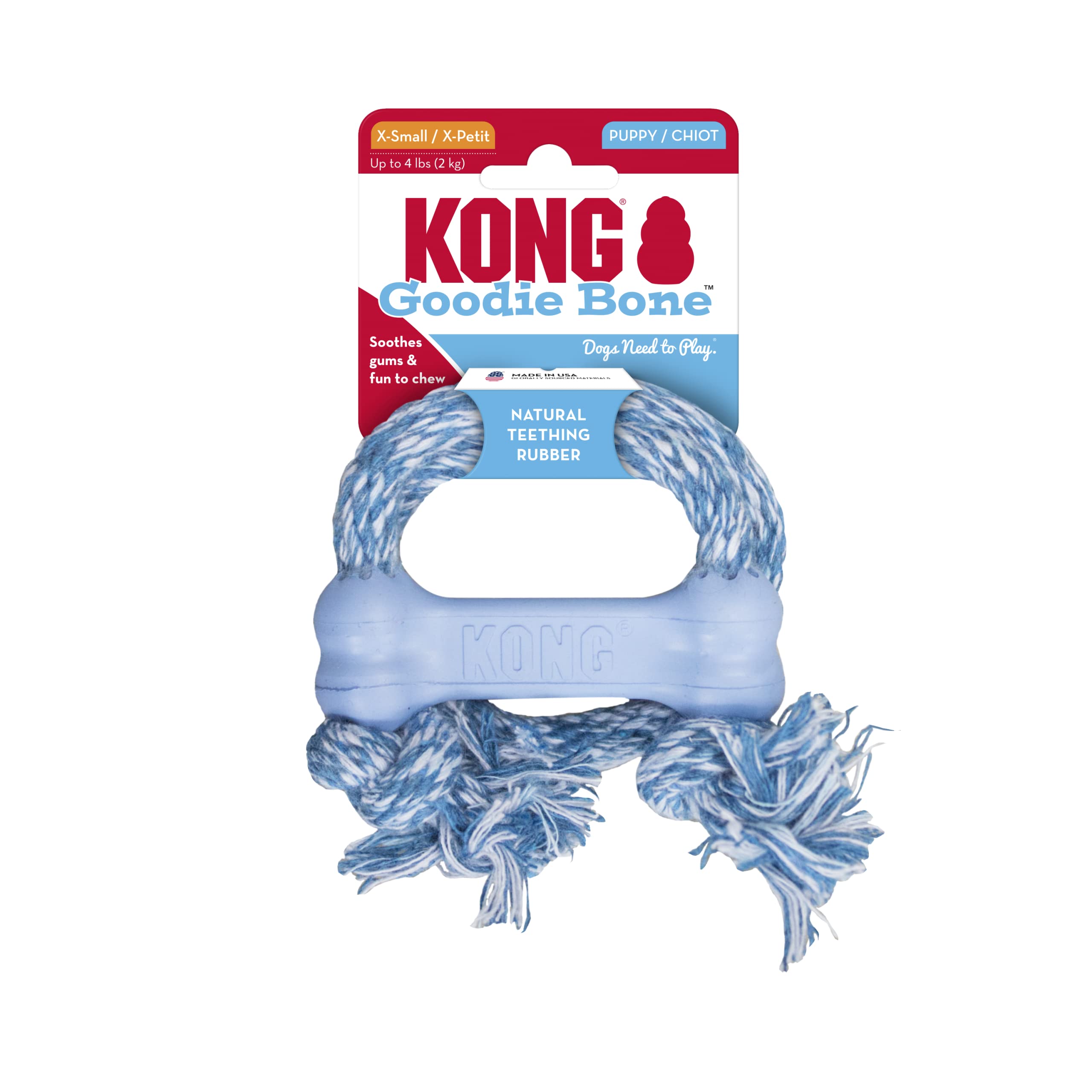 Kong Puppy Goodie Bone With Rope - Natural Rubber Bone With Cotton Rope - Teeth Cleaning Chew Toy For Growing Puppies - For Xs Puppies - Blue