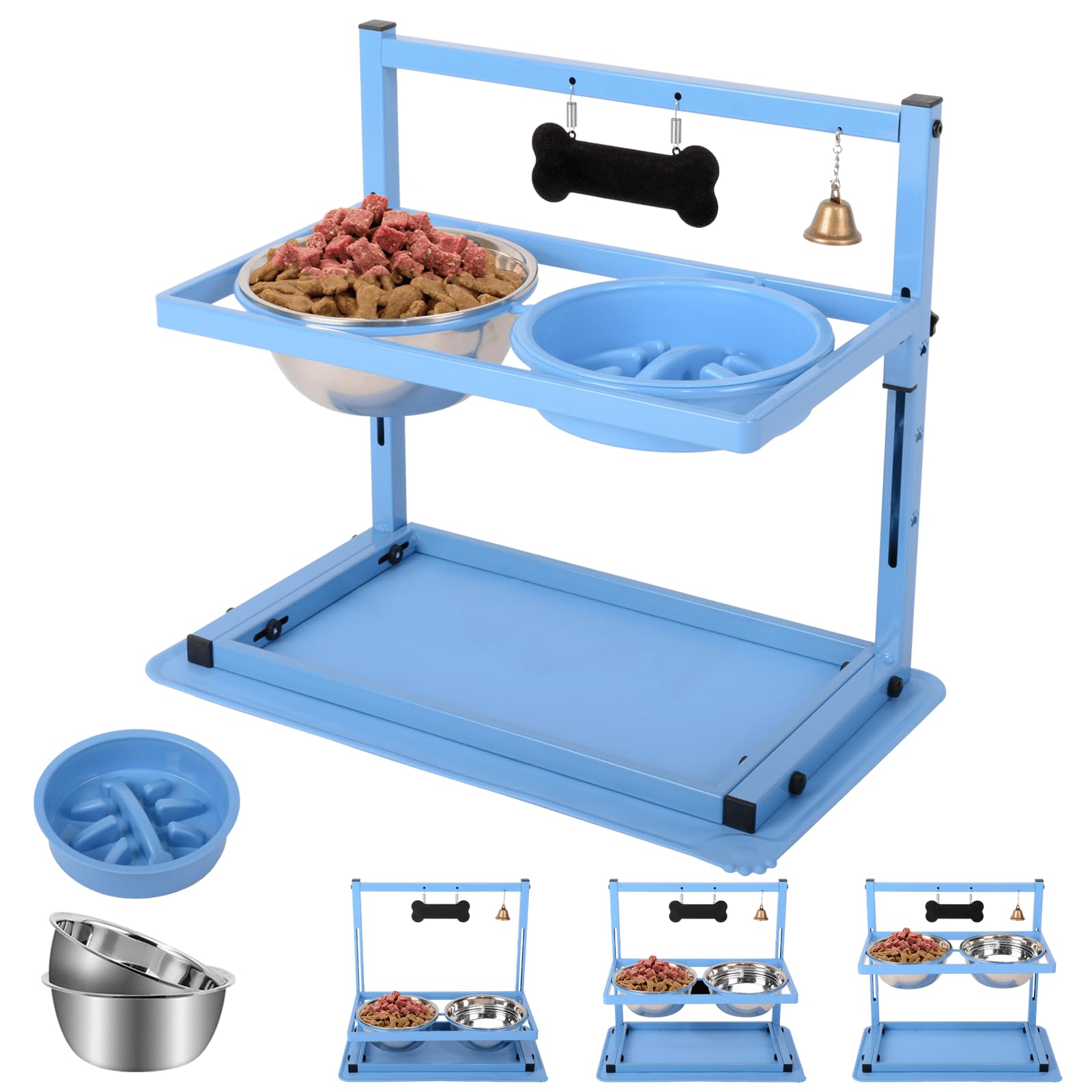 SHAINFUN Blue Raised Bowl Stand With Two 1700ml Stainless Steel Food Bowls, Slow Feeder and Spill Proof Mat, Adjustable Elevated