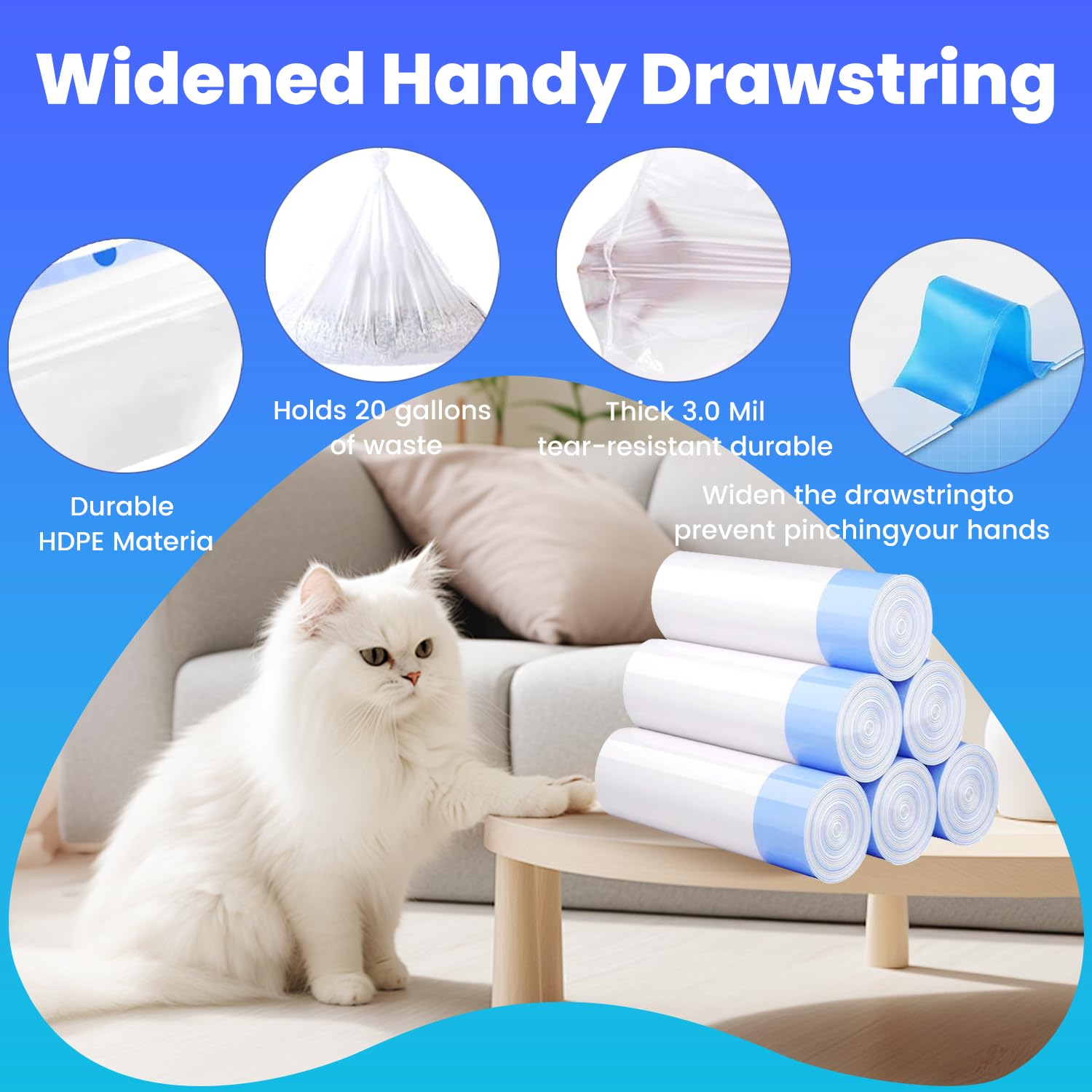 60 Pack Jumbo Cat Litter Bags - 3Mil Extra Thick Leakproof Litter Box Liners, 37''X18'' Heavy Duty Drawstring Cat Litter Liners