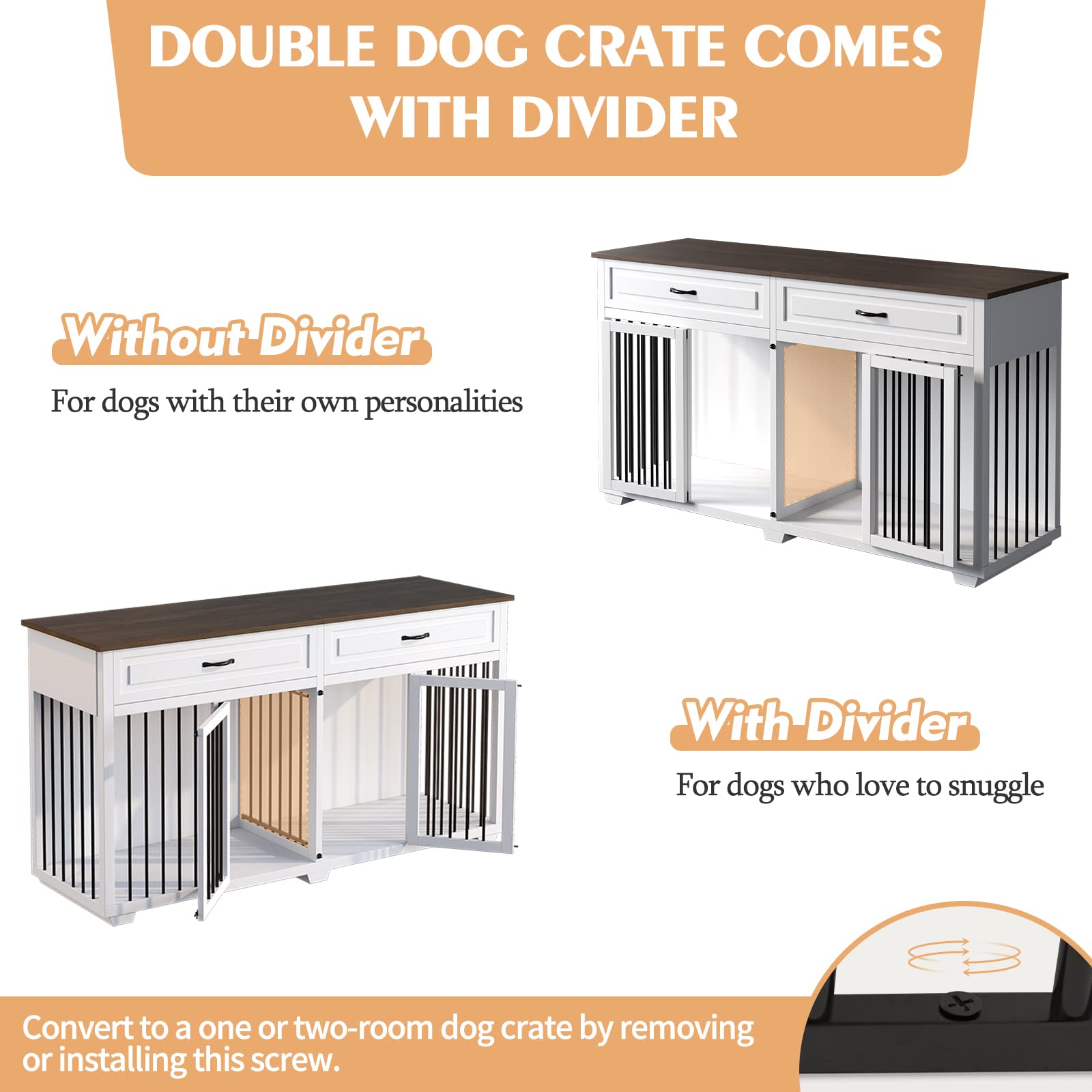 PIAOMTIEE Dog Crate Furniture, 72.4 Inch Wooden Indoor Dog Kennel Cage House, Modern Decorative End Table with Double Rooms, 2 D
