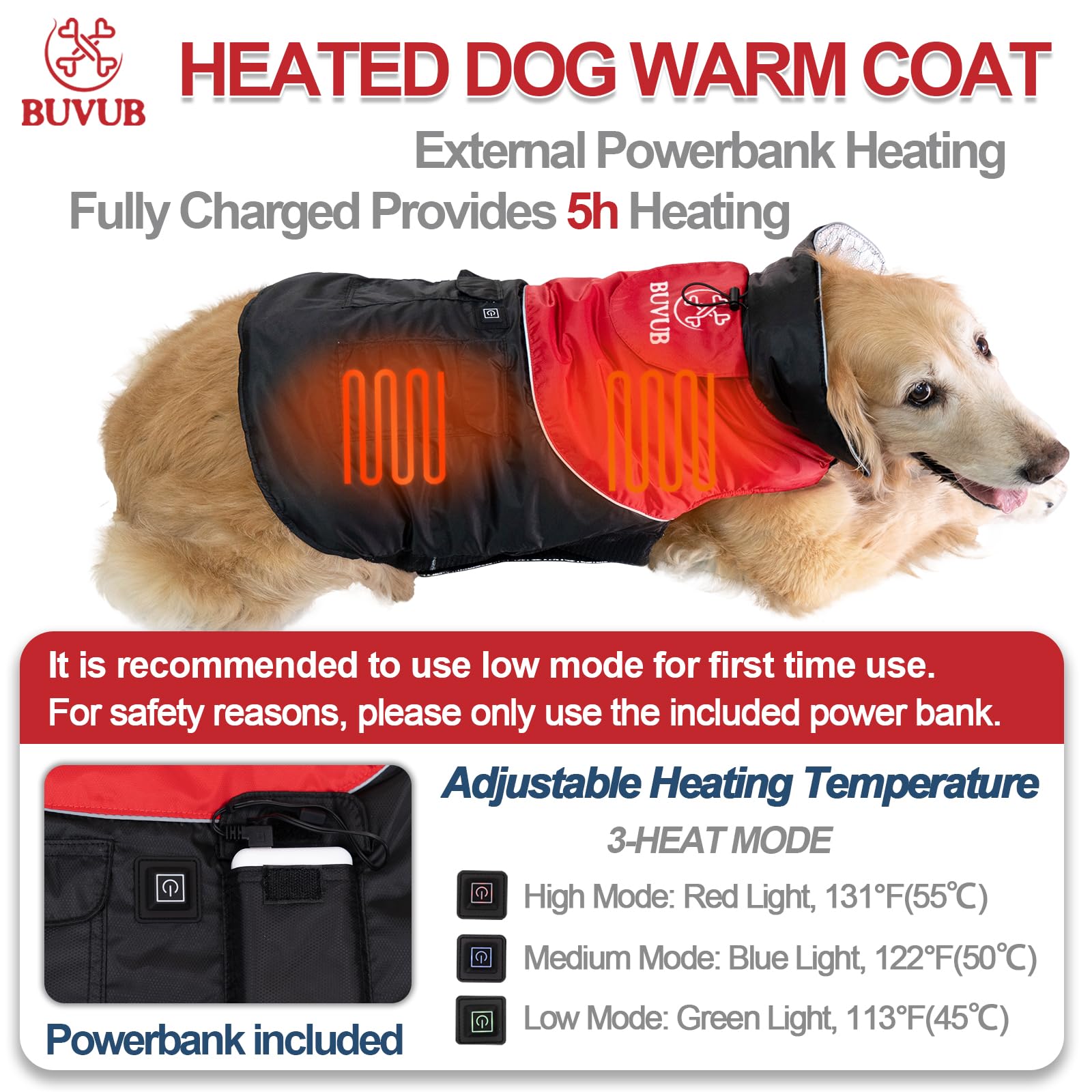 Buvub Heated Winter Jacket, Graphene Heat Coating, Water Resistant Fabric, Cat & Dog Coat (Xxxl)
