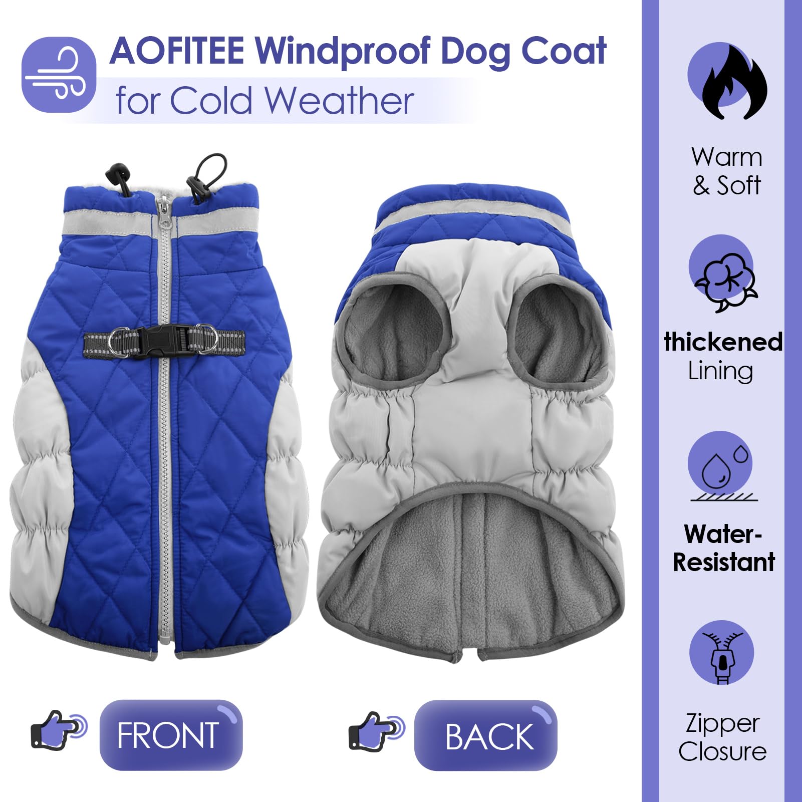 Aofitee Dog Winter Coat, Warm Fleece Lining, Water Resistant, Reflective Turtleneck, Harness Built-In, Blue Xs
