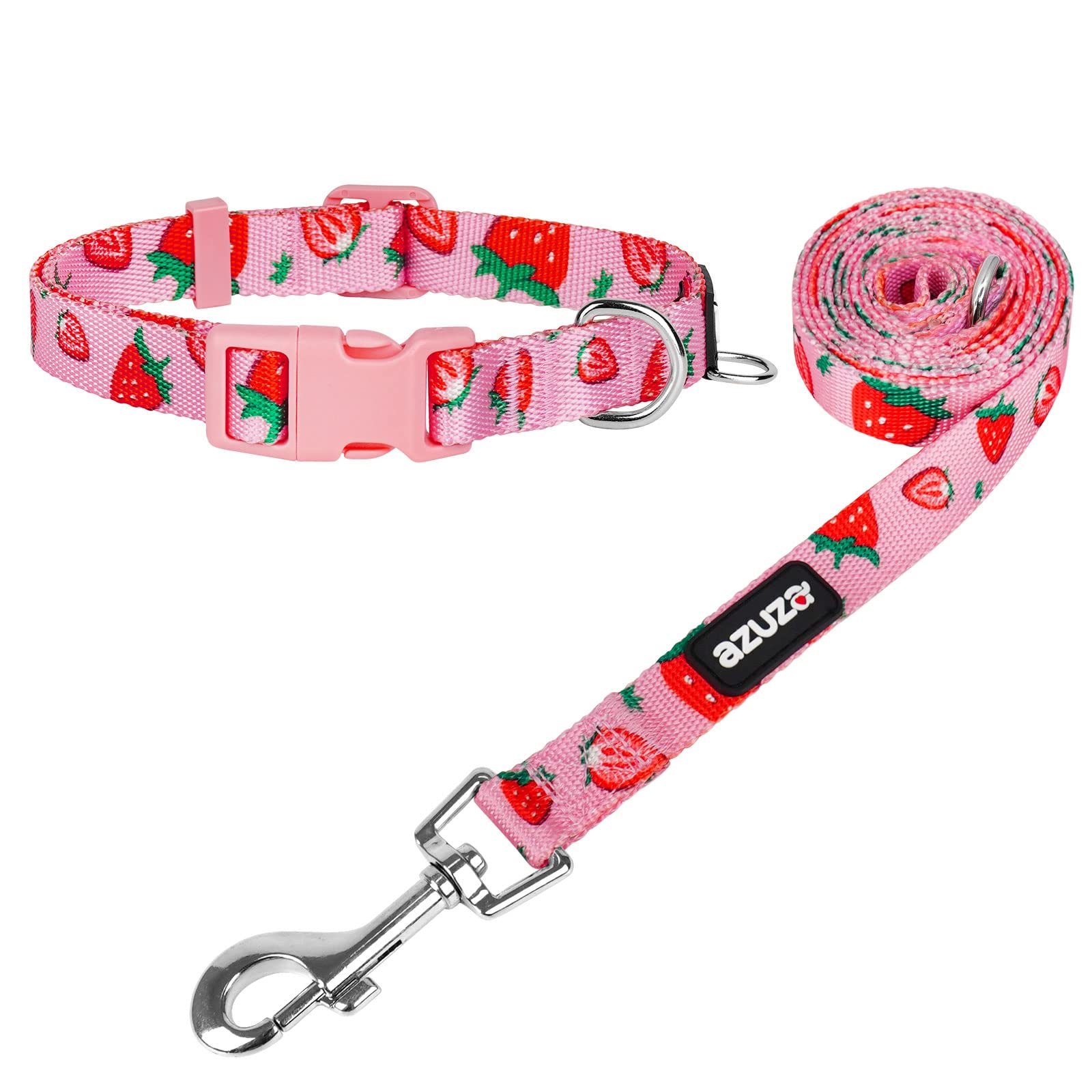 Azuza Dog Collar And Leash Set, Cute Strawberry Patterns On Pink Nylon Collar And Matching Leash, Great Option For Extra Small Dogs