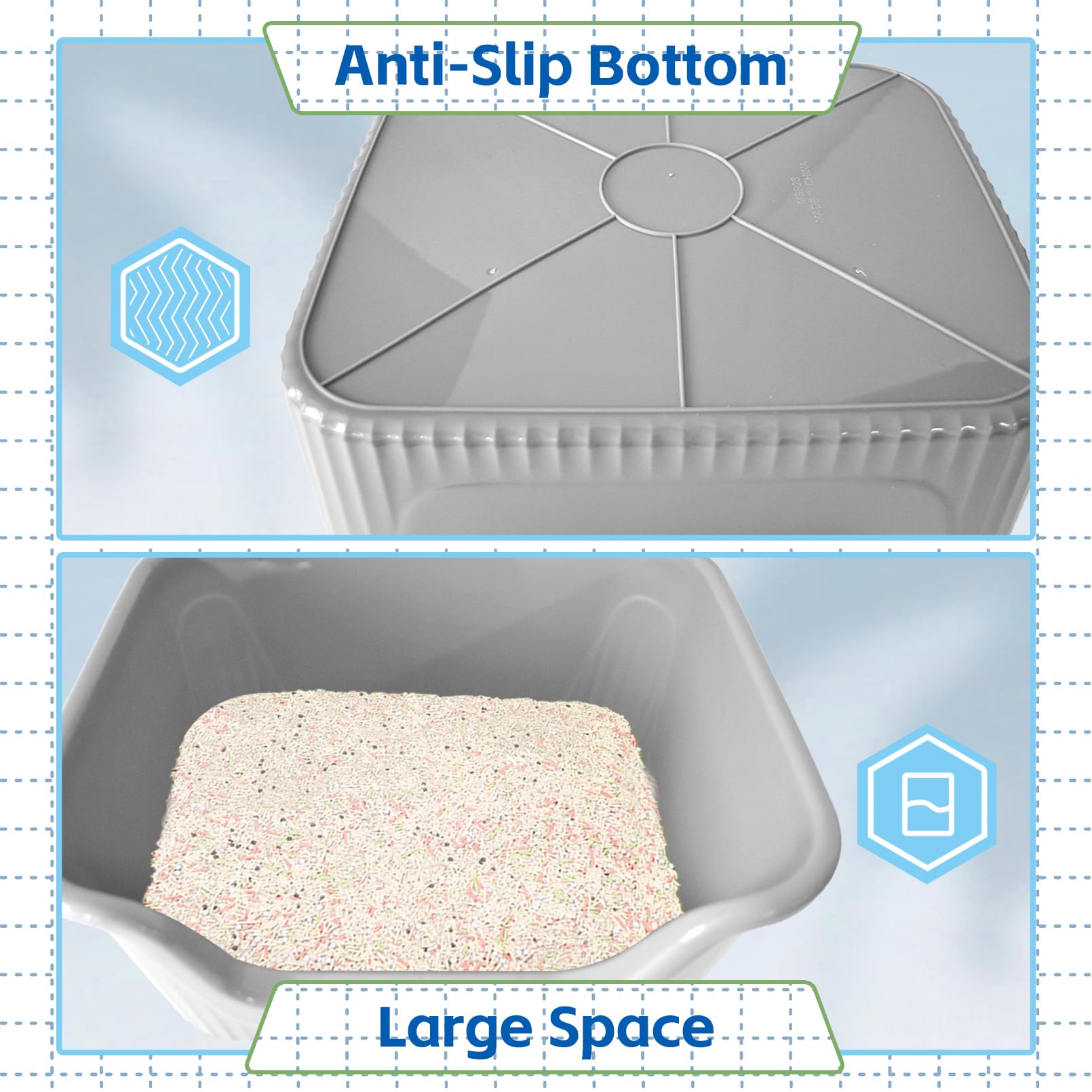Muyg Large Cat Litter Box With High Sides,17.5X15X8.9 Open Top Anti Splashing Non-Stick Low Entry Litter Tray For Cats Eas