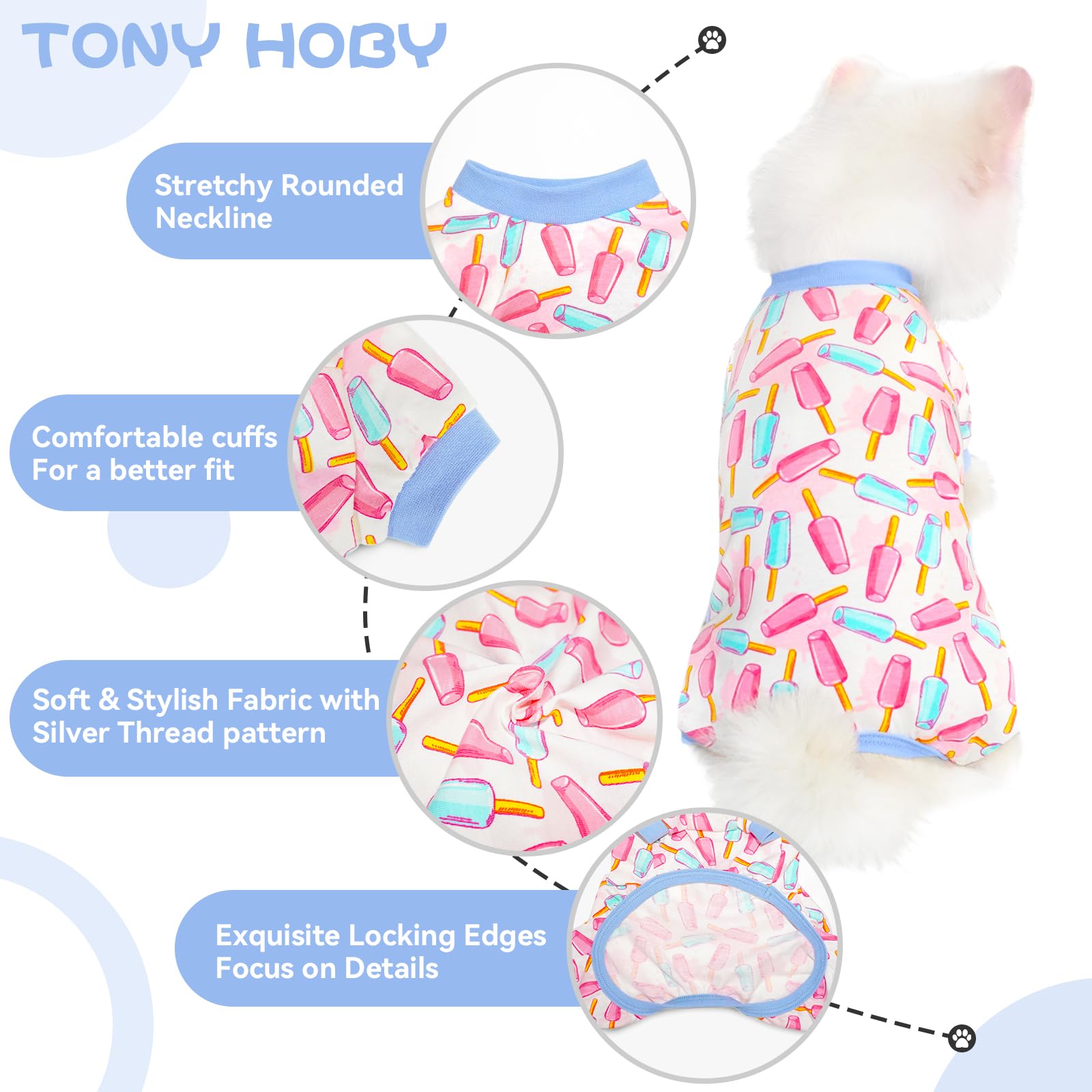 Tony Hoby Dog Pajamas, 4 Legged Dogs Pajamas Shirt, Dog Jumpsuit Clothes Soft Lightweight For Small Medium Dogs (Ice Cream, Xl)