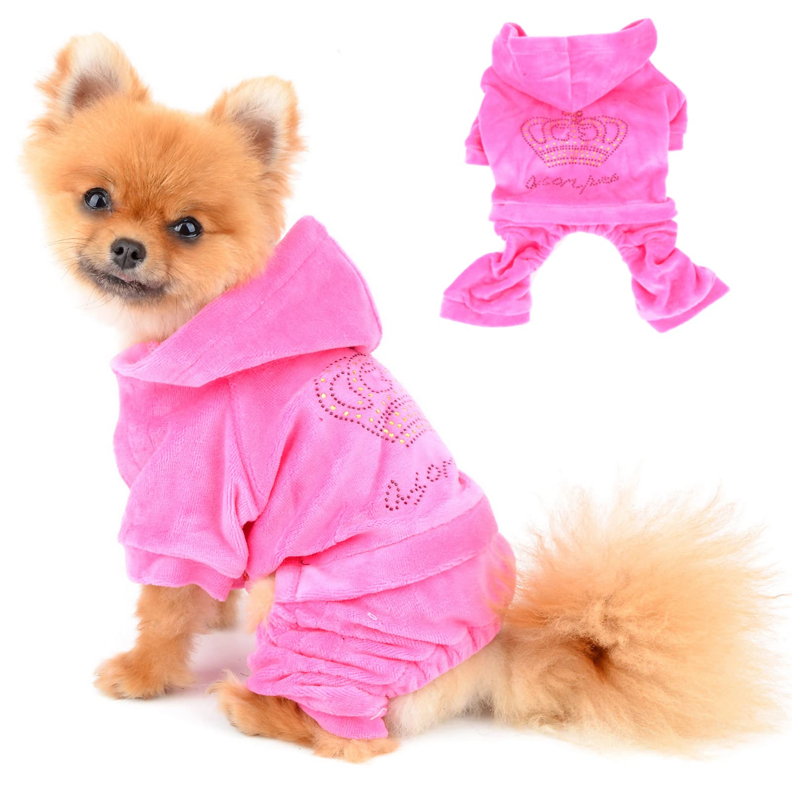 Seimai Dog Hoodies Jumpsuit For Small Dog Cat Puppy Rhinestone Crown Soft Velvet Autumn Winter Hooded Pajamas Tracksuit Outfits 